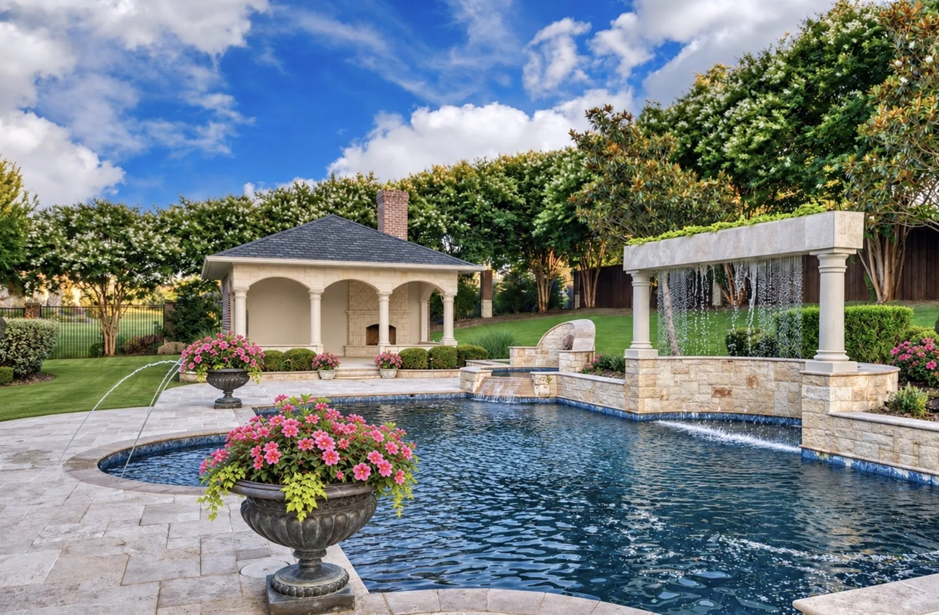 Waterfall feature, amazing spa pool house with fireplace and bath