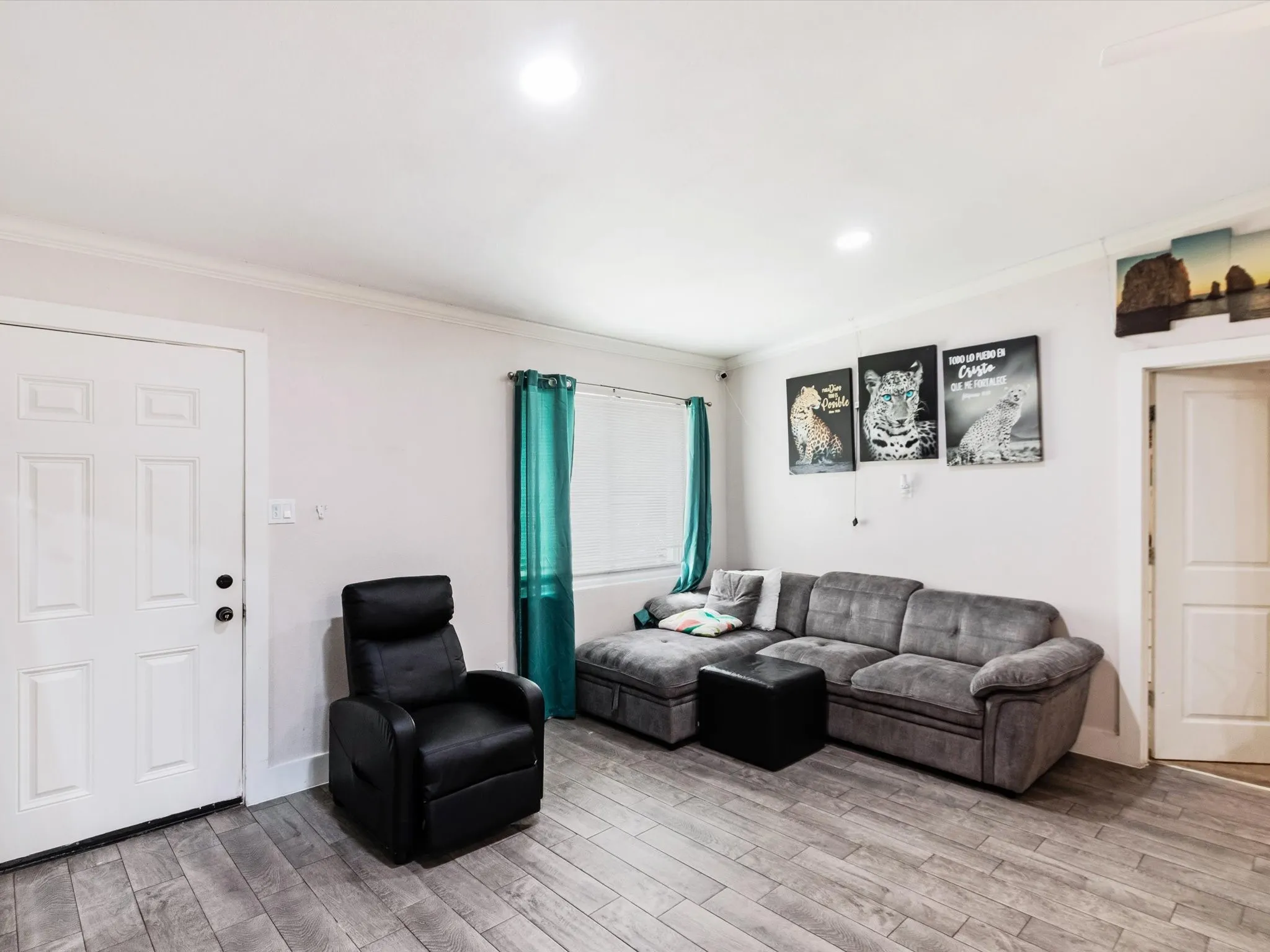 Wood-finish flooring, recessed lighting, and a paneled entry door with black hardware