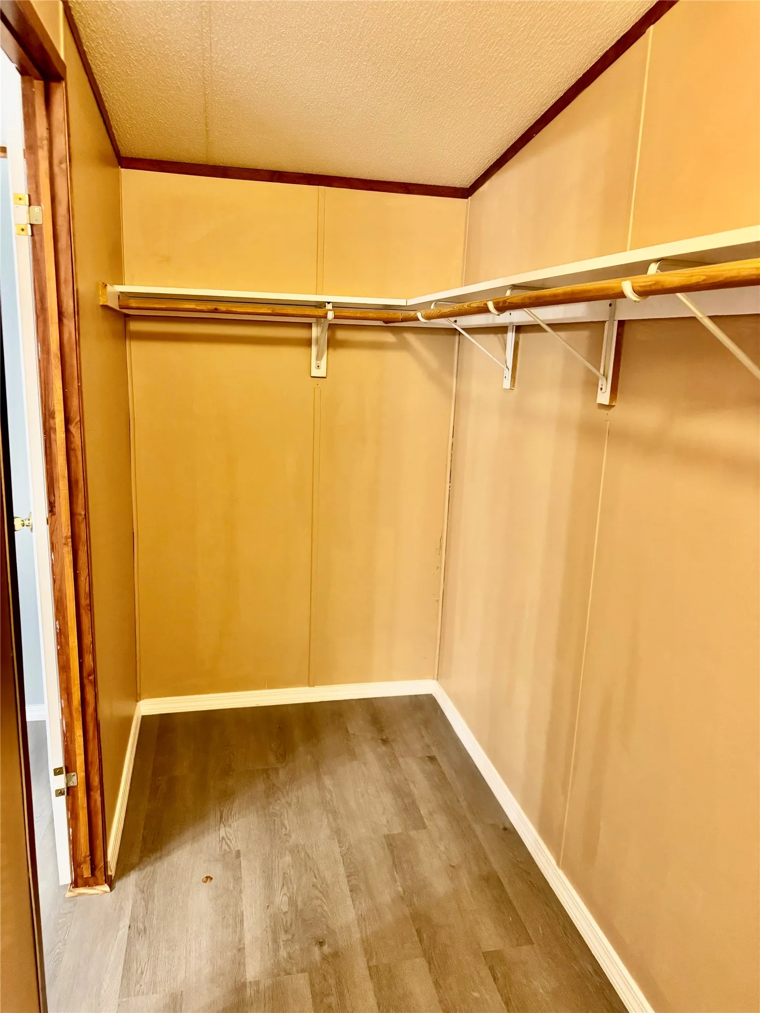 Closet with wood-finish flooring, two levels of shelving, and hanging rods