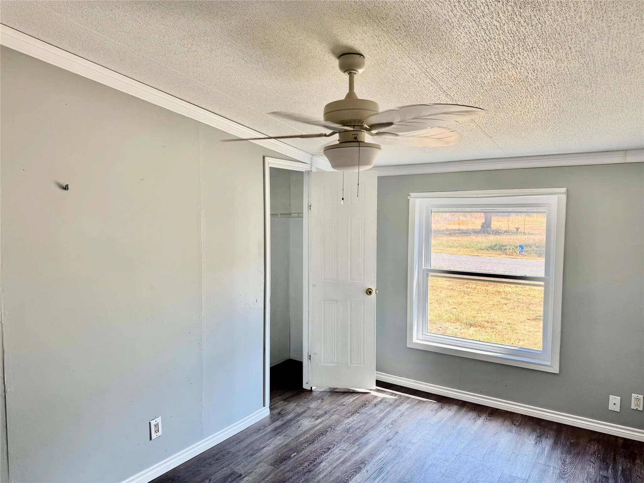 Wood-finish flooring, light grey wall paint, and white trim accents