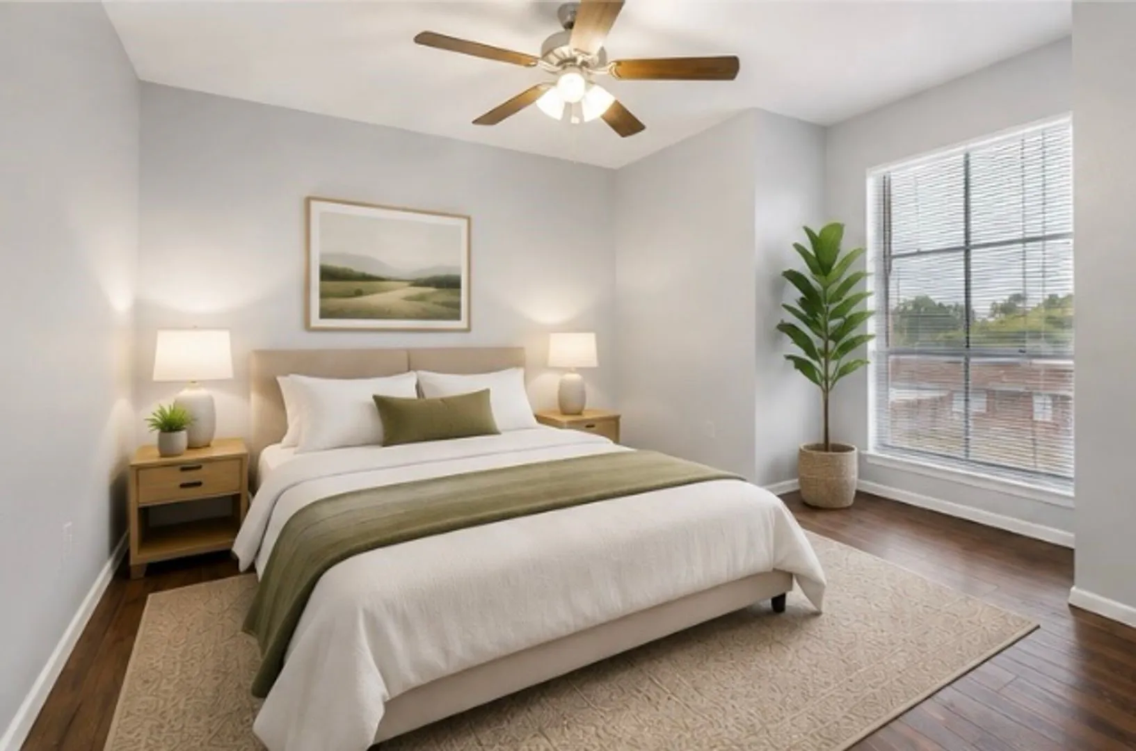 Wood-finish flooring, ceiling fan, large window with blinds, and light gray wall paint