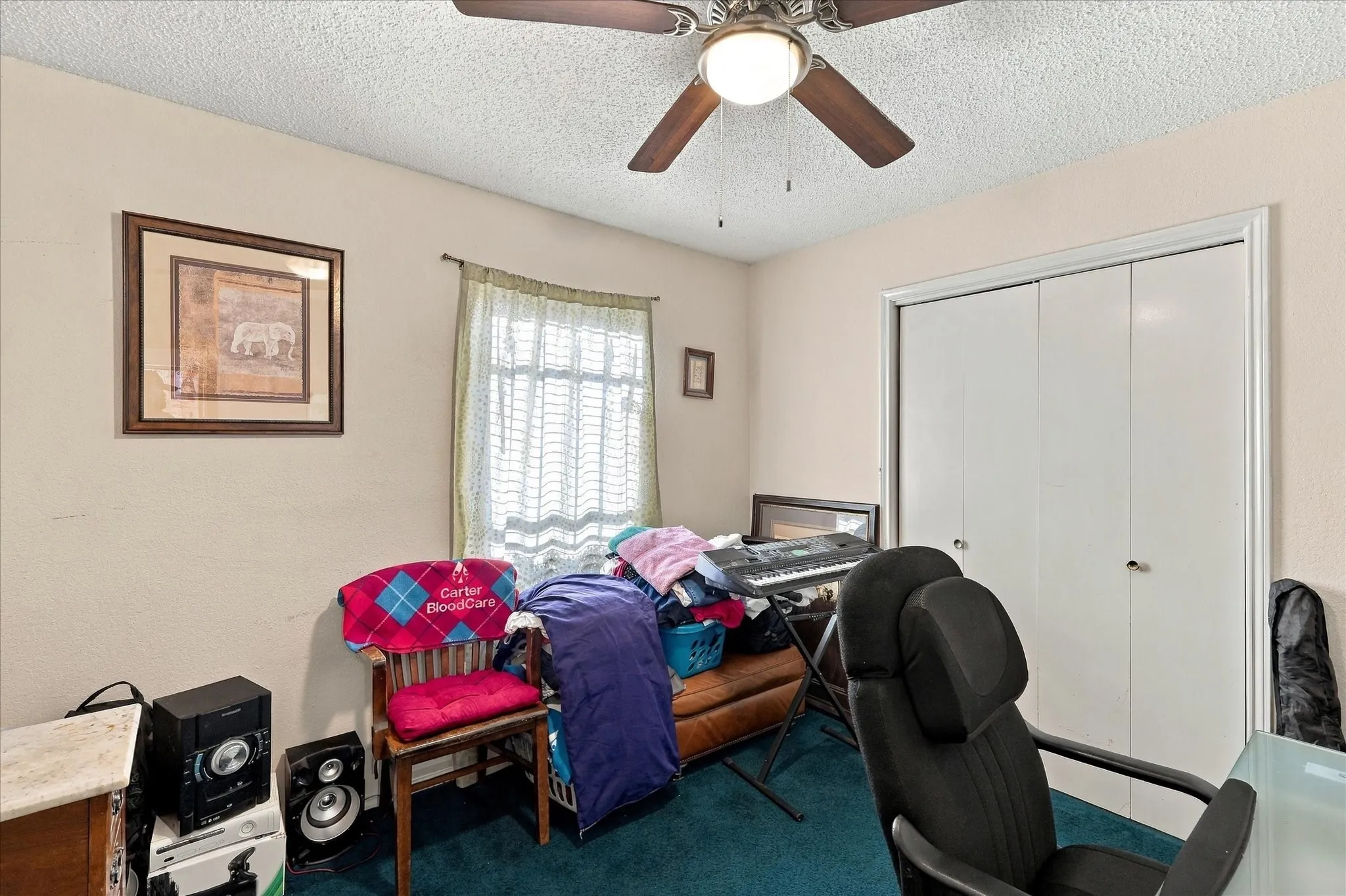 Ceiling fan with light fixture, window with blinds, carpet flooring, and bi-fold closet doors