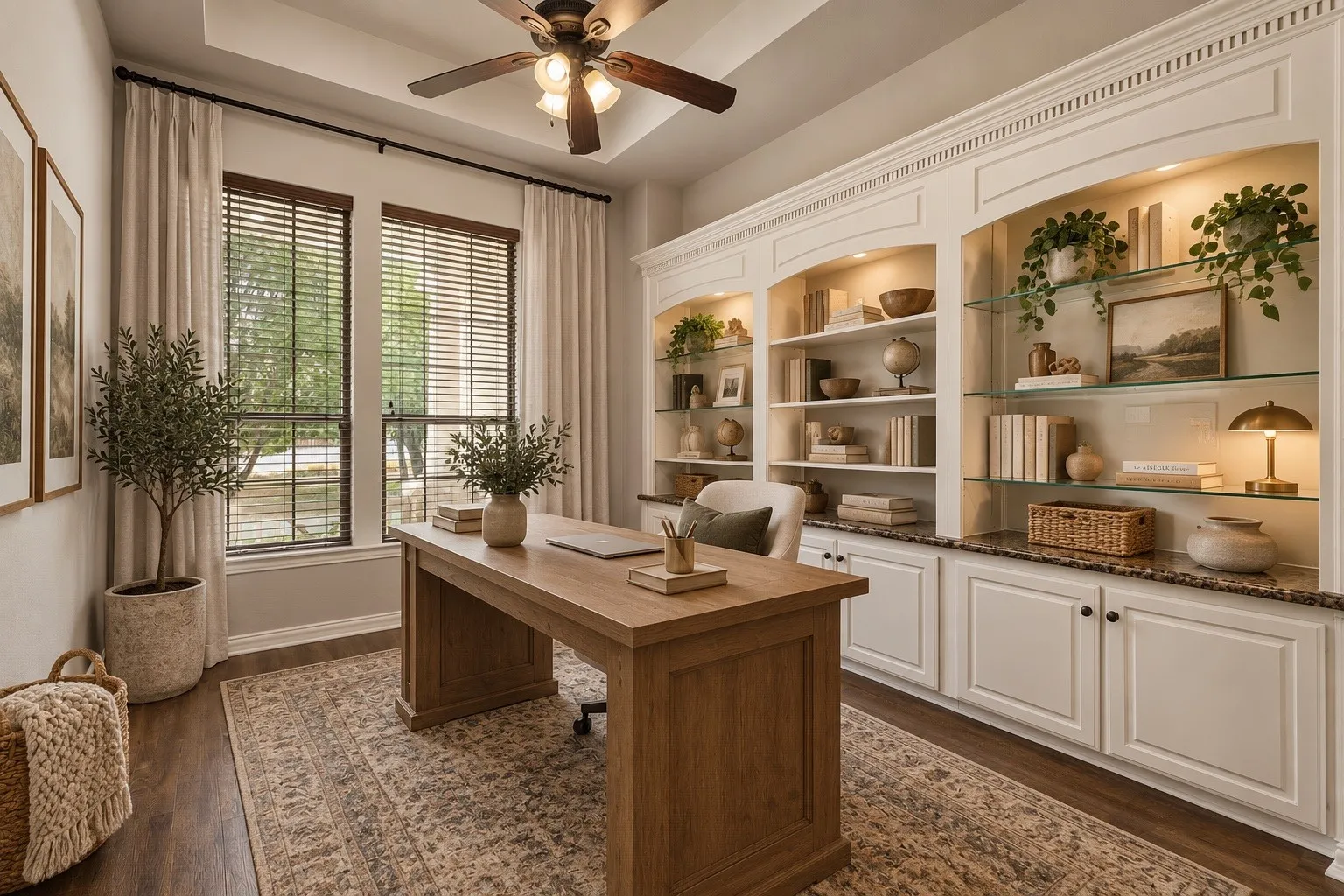 Study/office with large bookshelves virtually staged