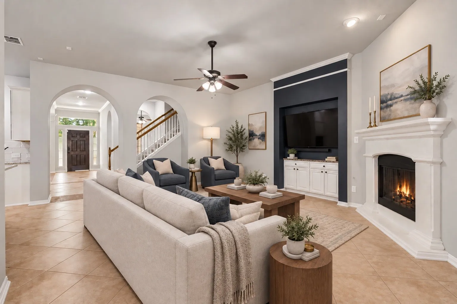 Open concept living room virtually staged