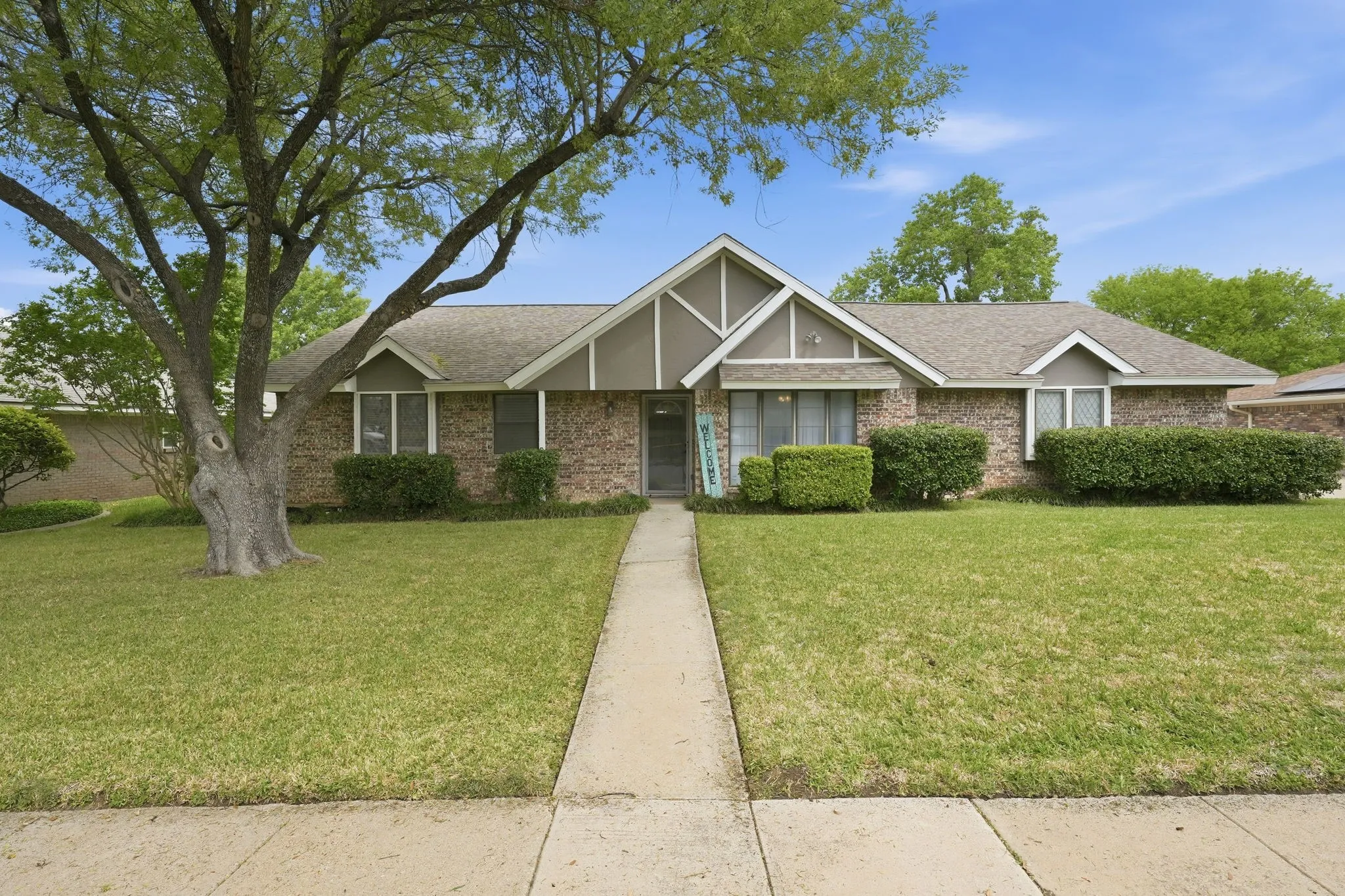 Brick exterior with gabled roof lines