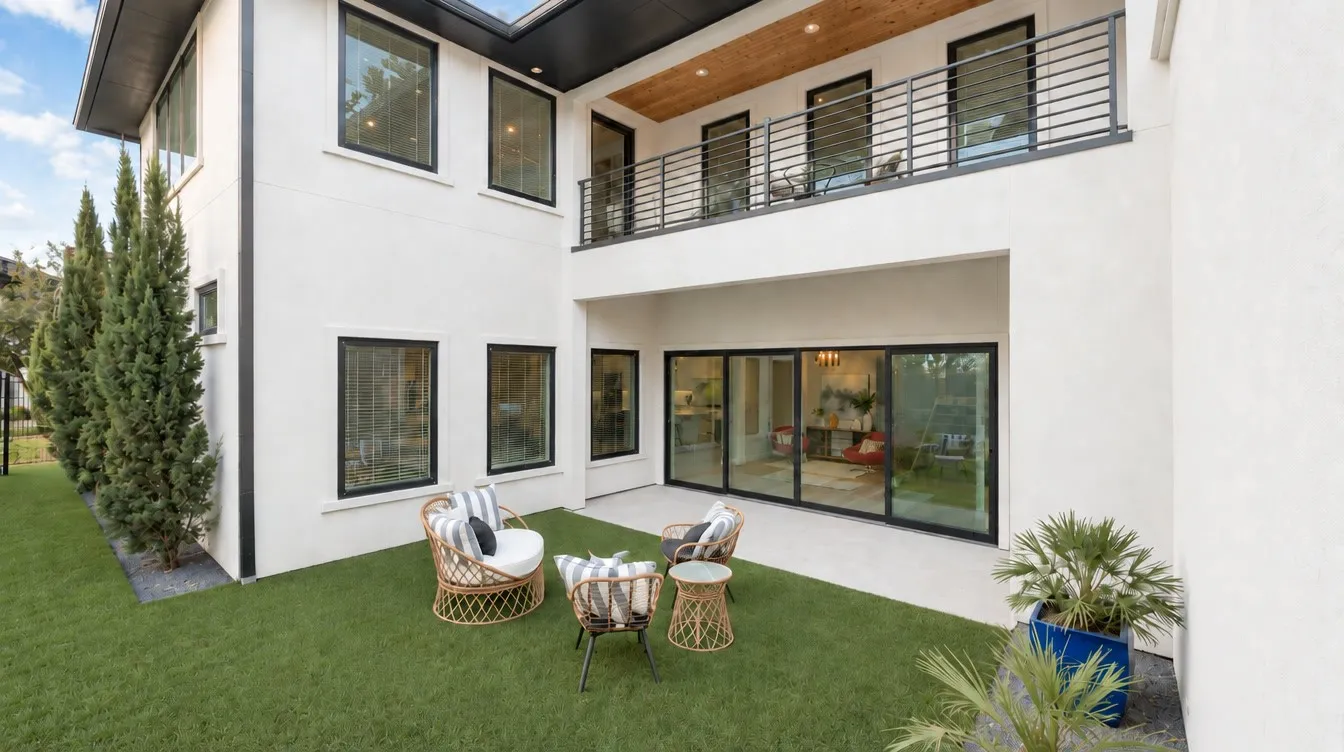 White stucco exterior with black-framed windows, a second-story balcony with metal railings, and a ground-level patio with sliding glass doors