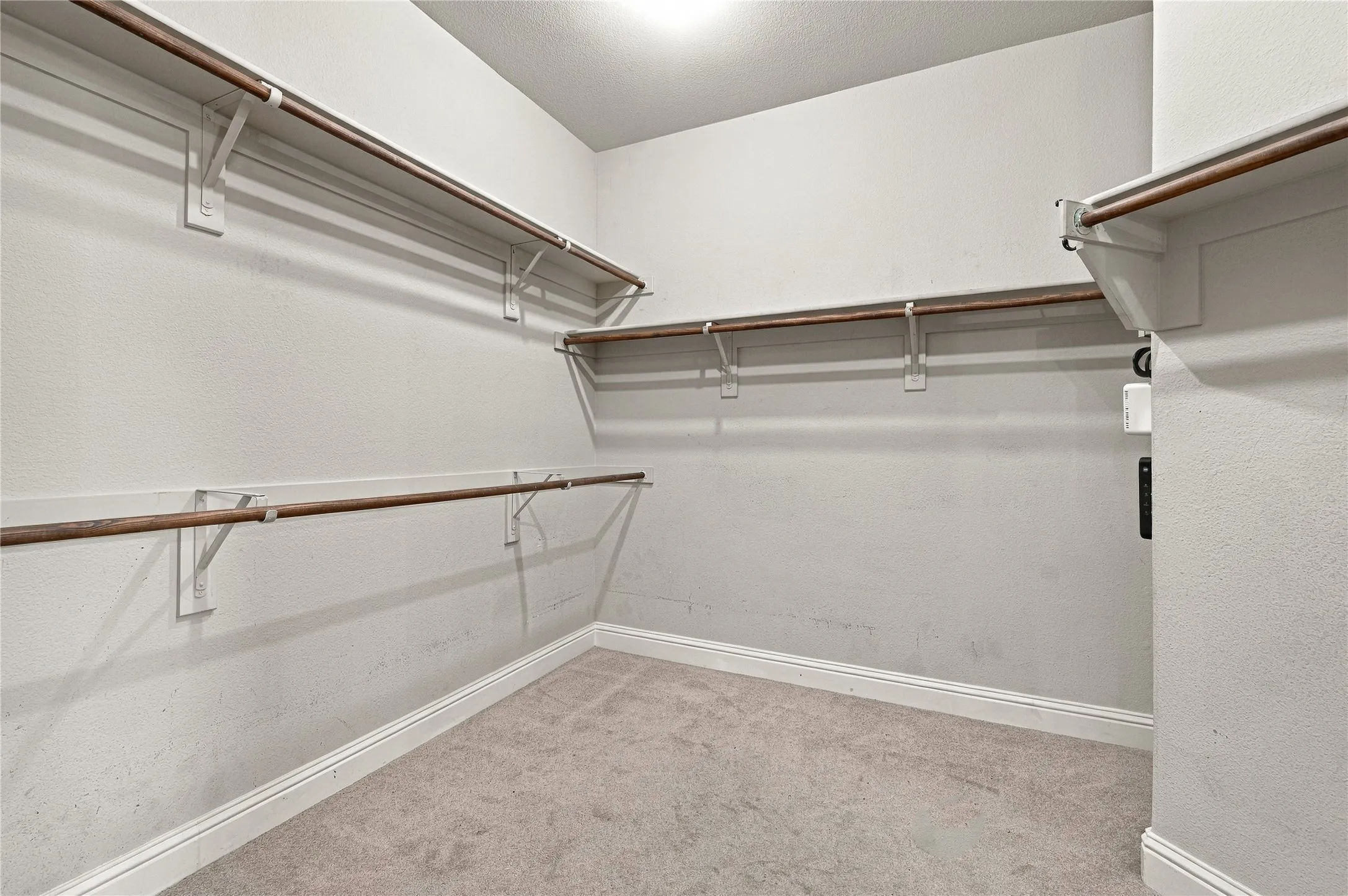 Built-in shelving and hanging rods, neutral wall color, and carpet flooring