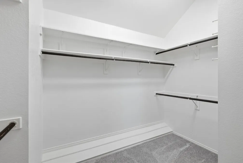 Built-in shelving and hanging rods with textured carpeting