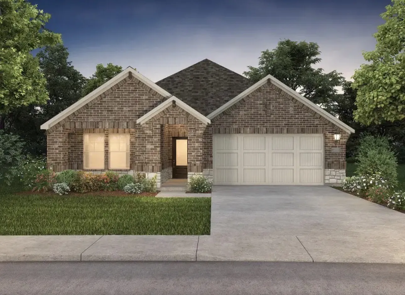 Brick exterior with stone accents, attached two-car garage, concrete driveway, and front lawn with established landscaping