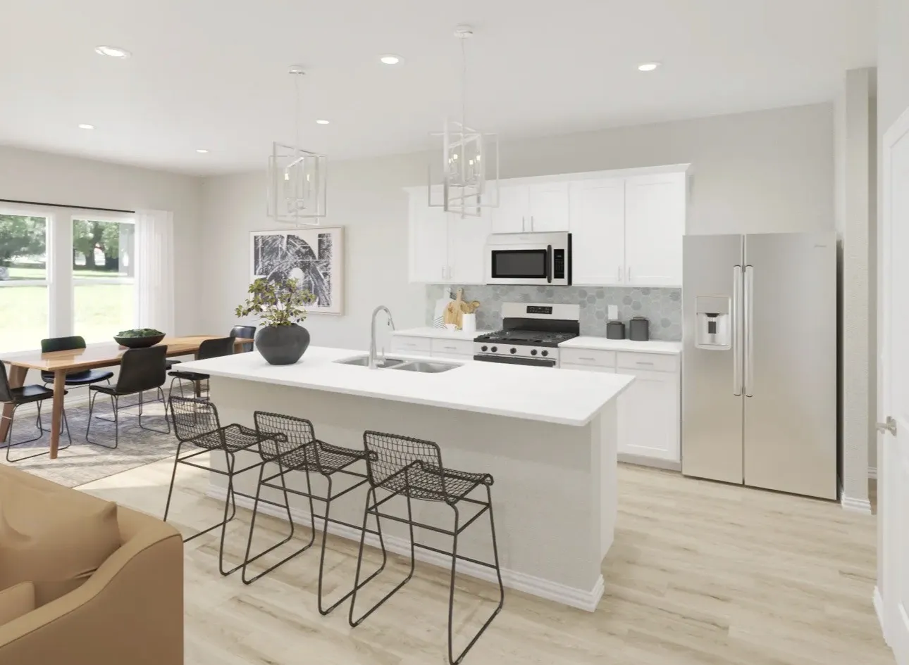 White shaker cabinetry, stainless steel appliances, hexagonal tile backsplash, light wood-finish flooring, and a central island with an undermount sink