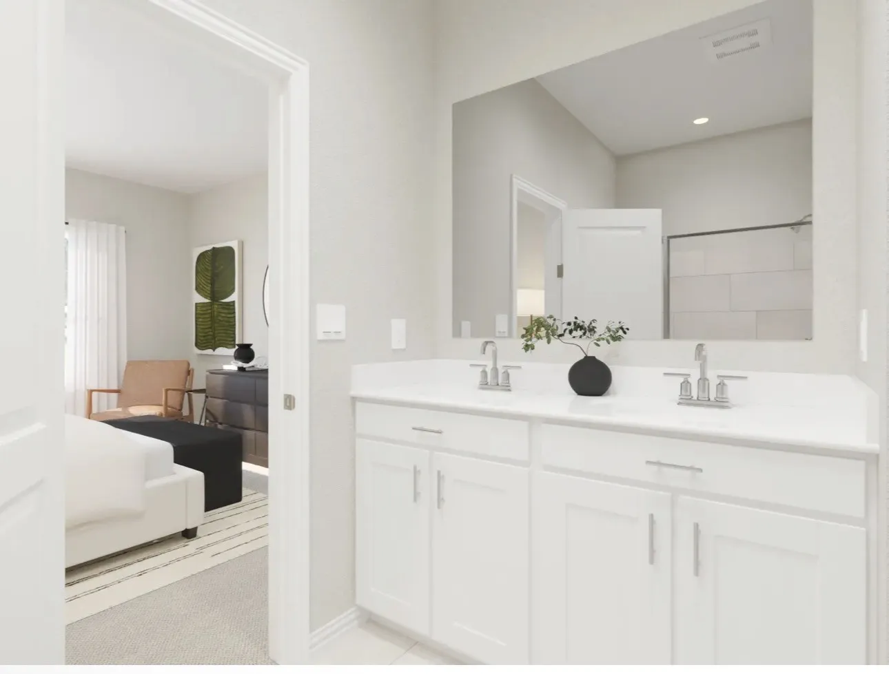 Dual vanity with white cabinetry, integrated sinks, chrome fixtures, and a large mirror