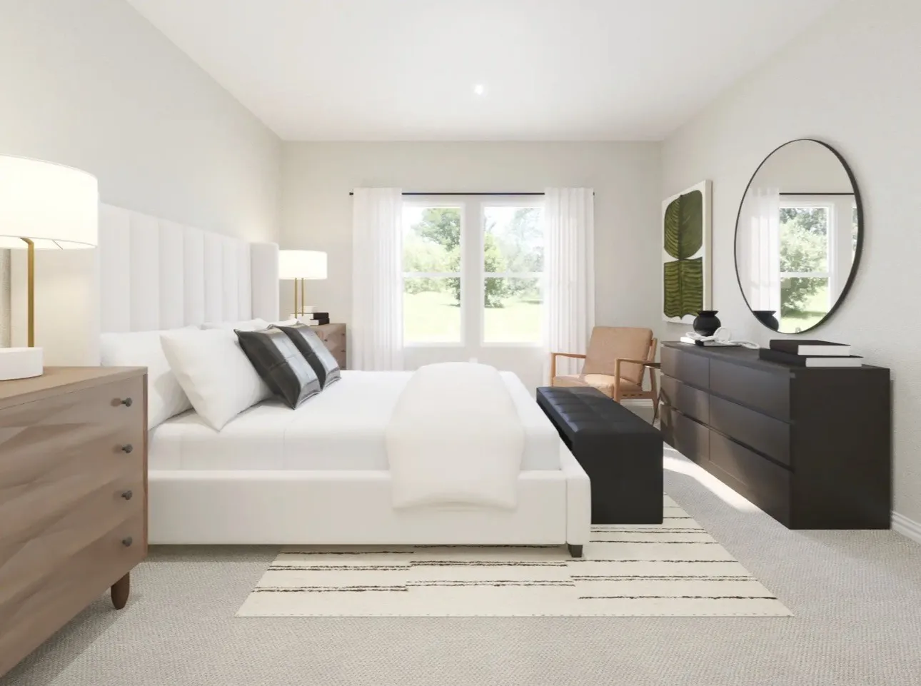 Recessed ceiling lighting, light-toned carpet, large window, and light-toned walls