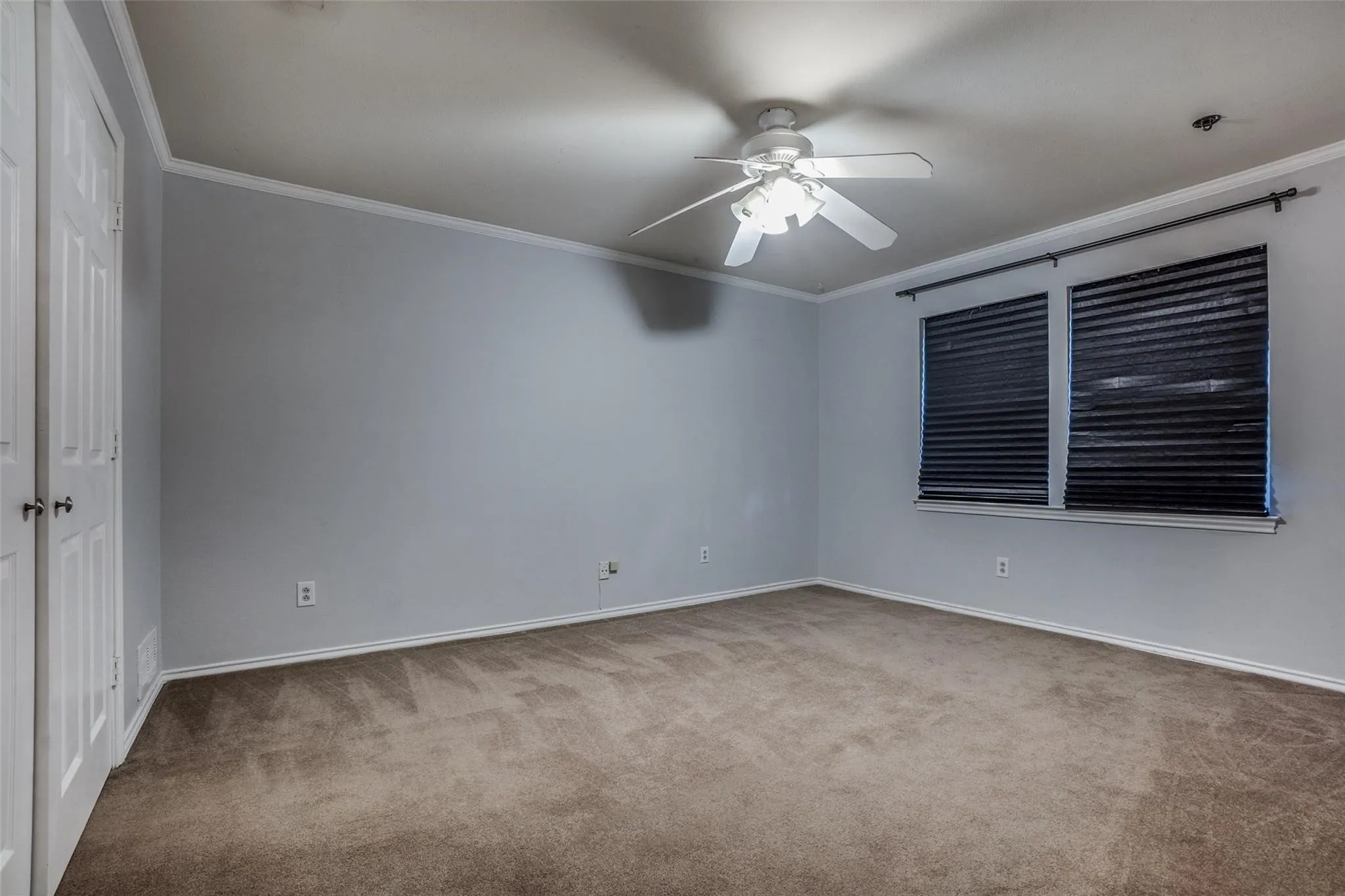 Carpeted room featuring a ceiling fan with integrated lighting, crown molding, and two windows with blinds