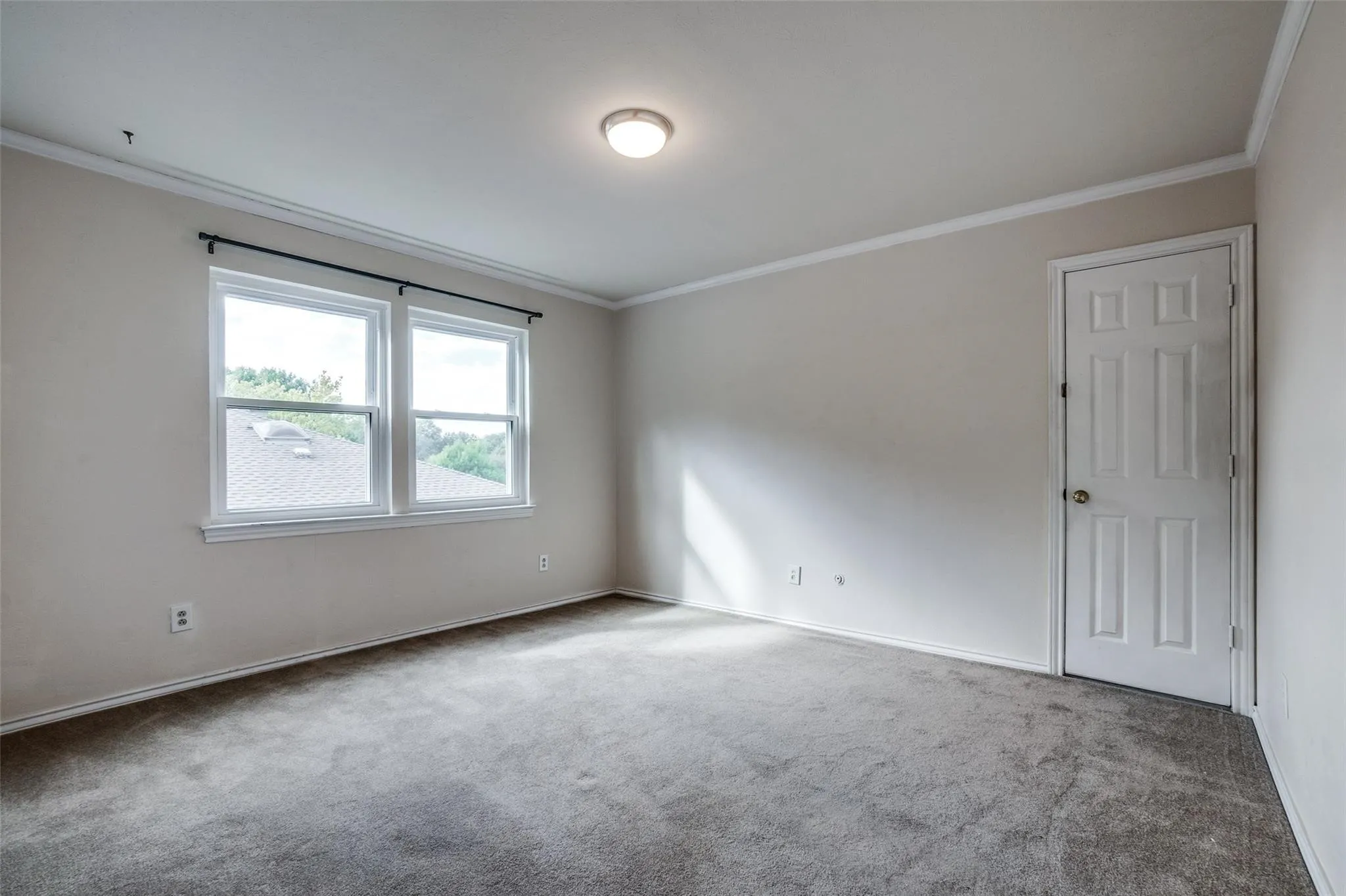 Neutral-toned walls with crown molding, plush gray carpet, a two-panel window, and a white paneled door