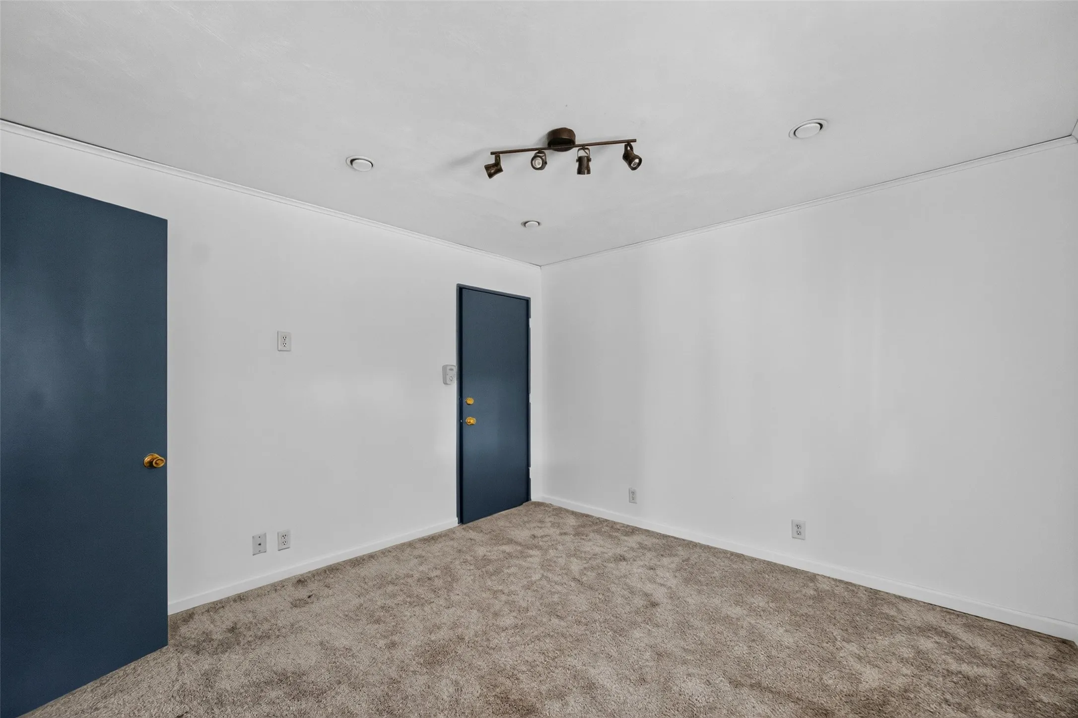 White walls with crown molding, track lighting, two recessed ceiling lights, and two doors