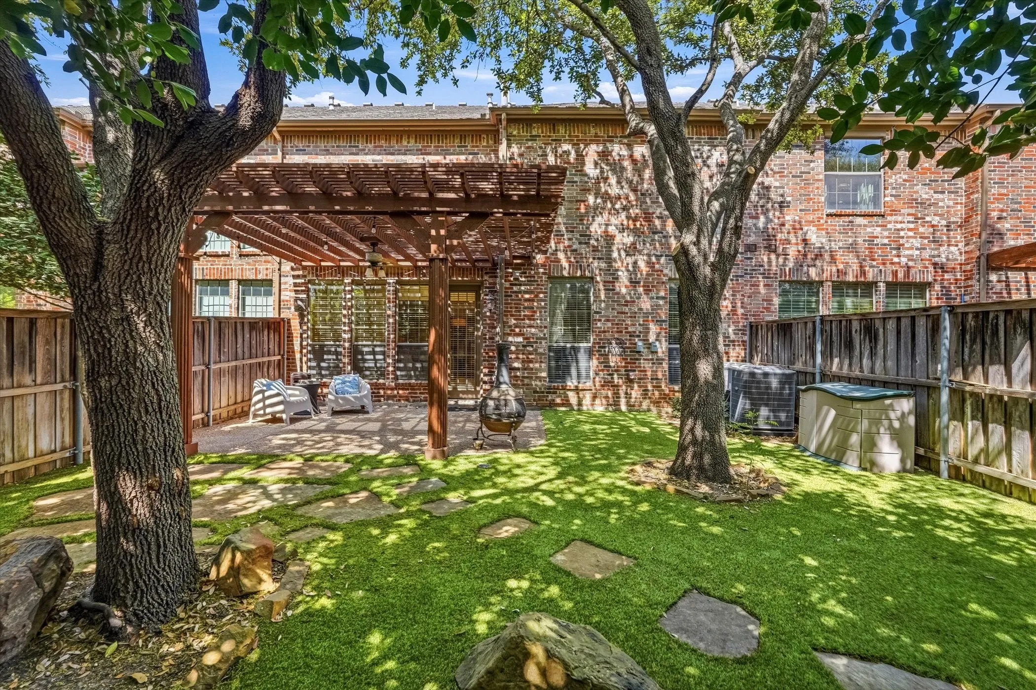 Back of house with a fenced backyard, a pergola, a patio, and brick siding