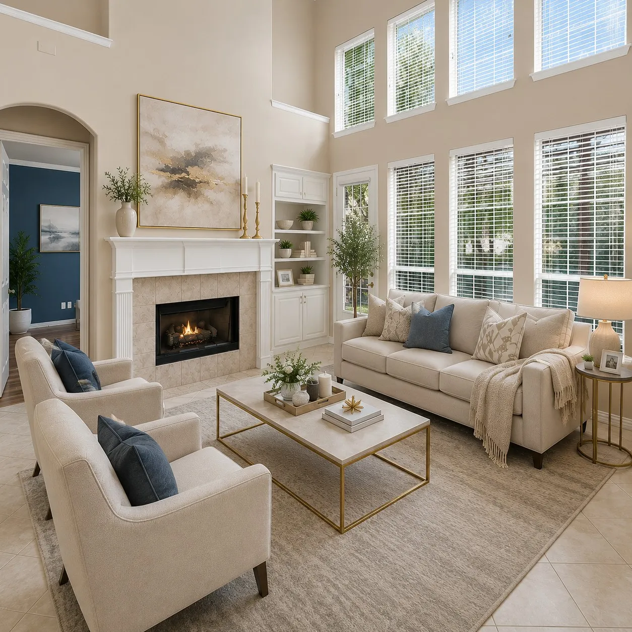 Two-story living area Staged featuring a fireplace with a mantel, built-in shelving, high ceilings, and tall windows..staged