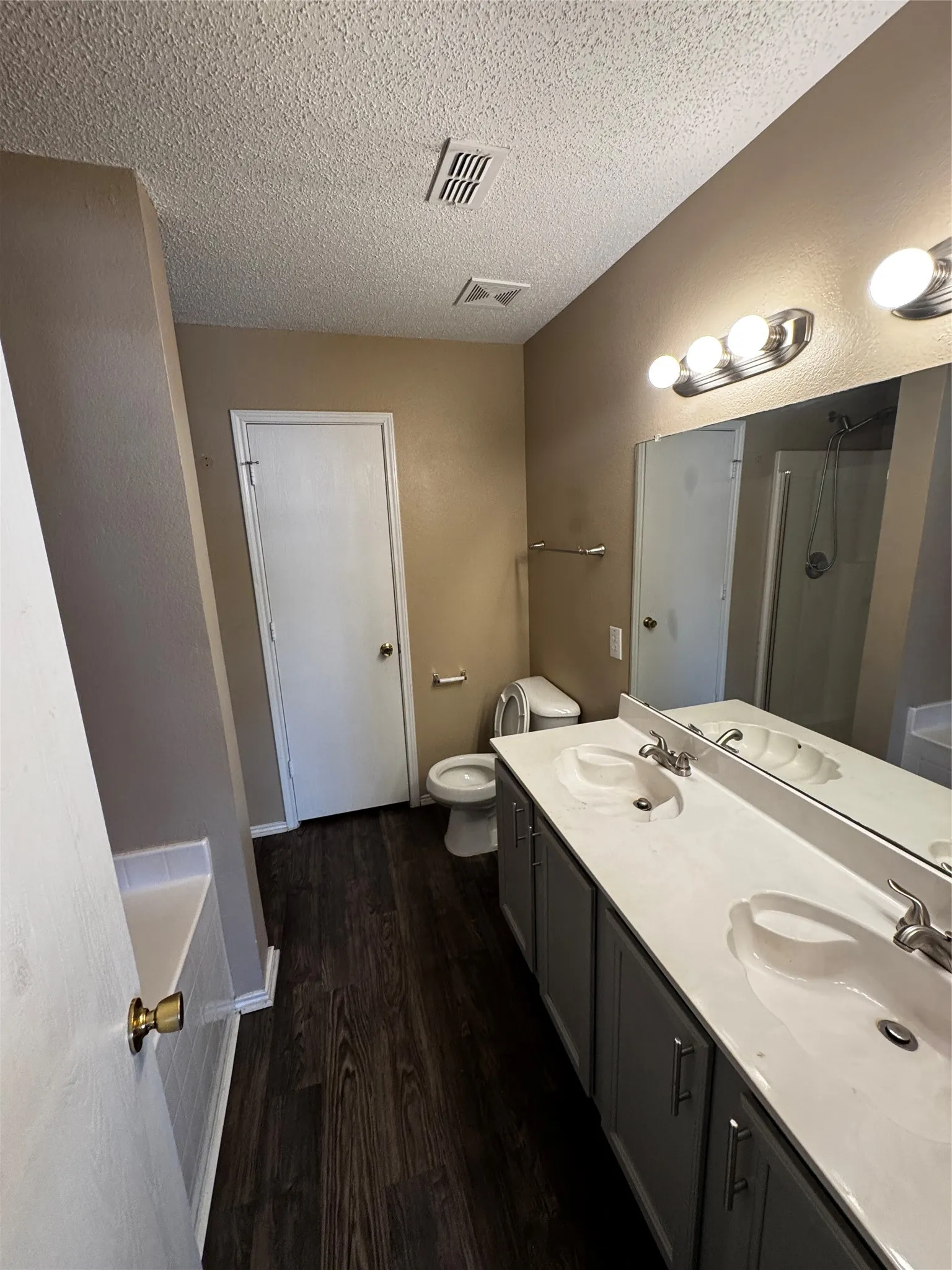 Dual vanity with integrated sinks, wood-finish flooring, a full-width mirror, and overhead vanity lighting