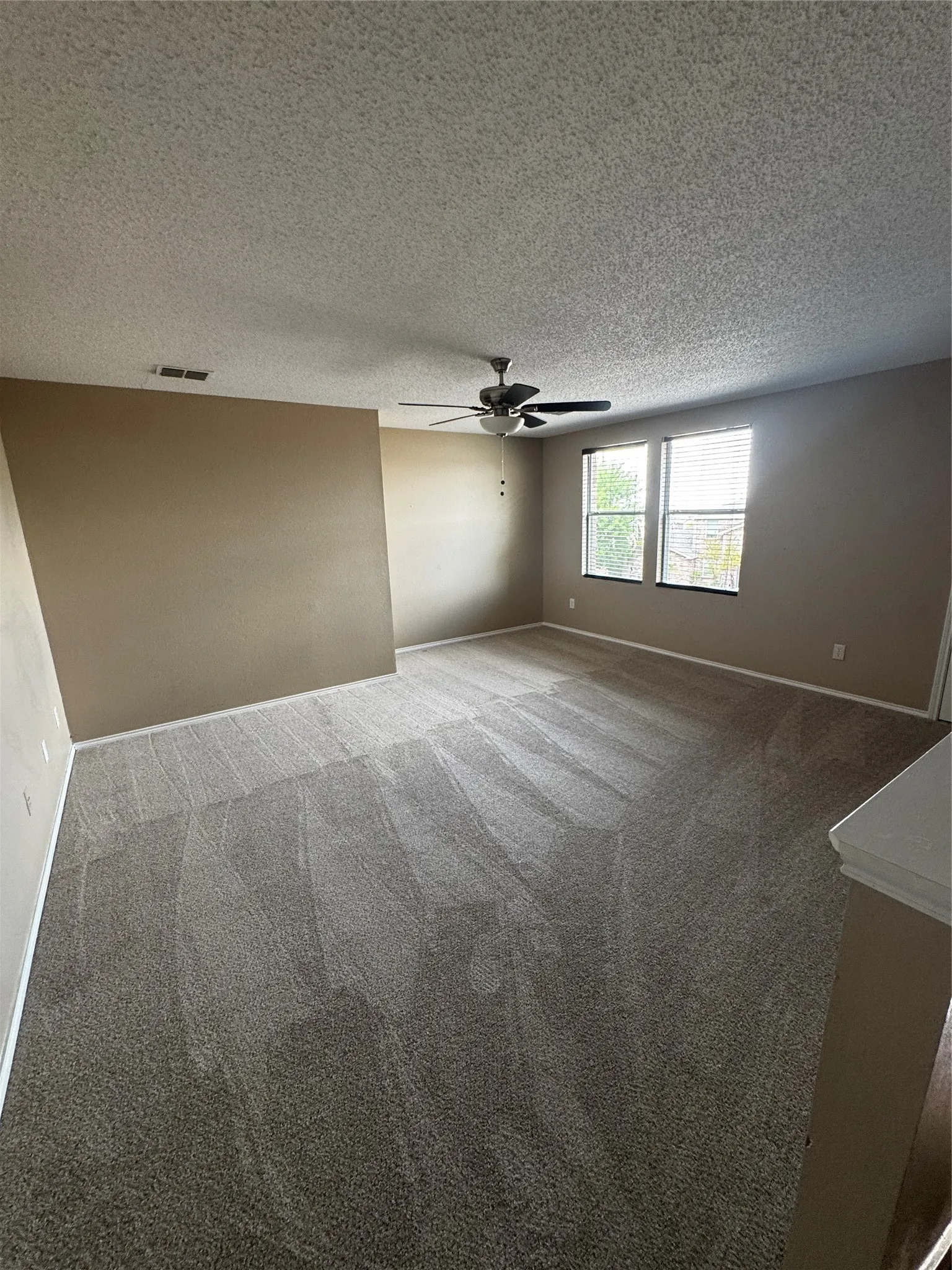 Spacious room featuring carpeting, multiple windows with blinds, a ceiling fan, and neutral wall tones