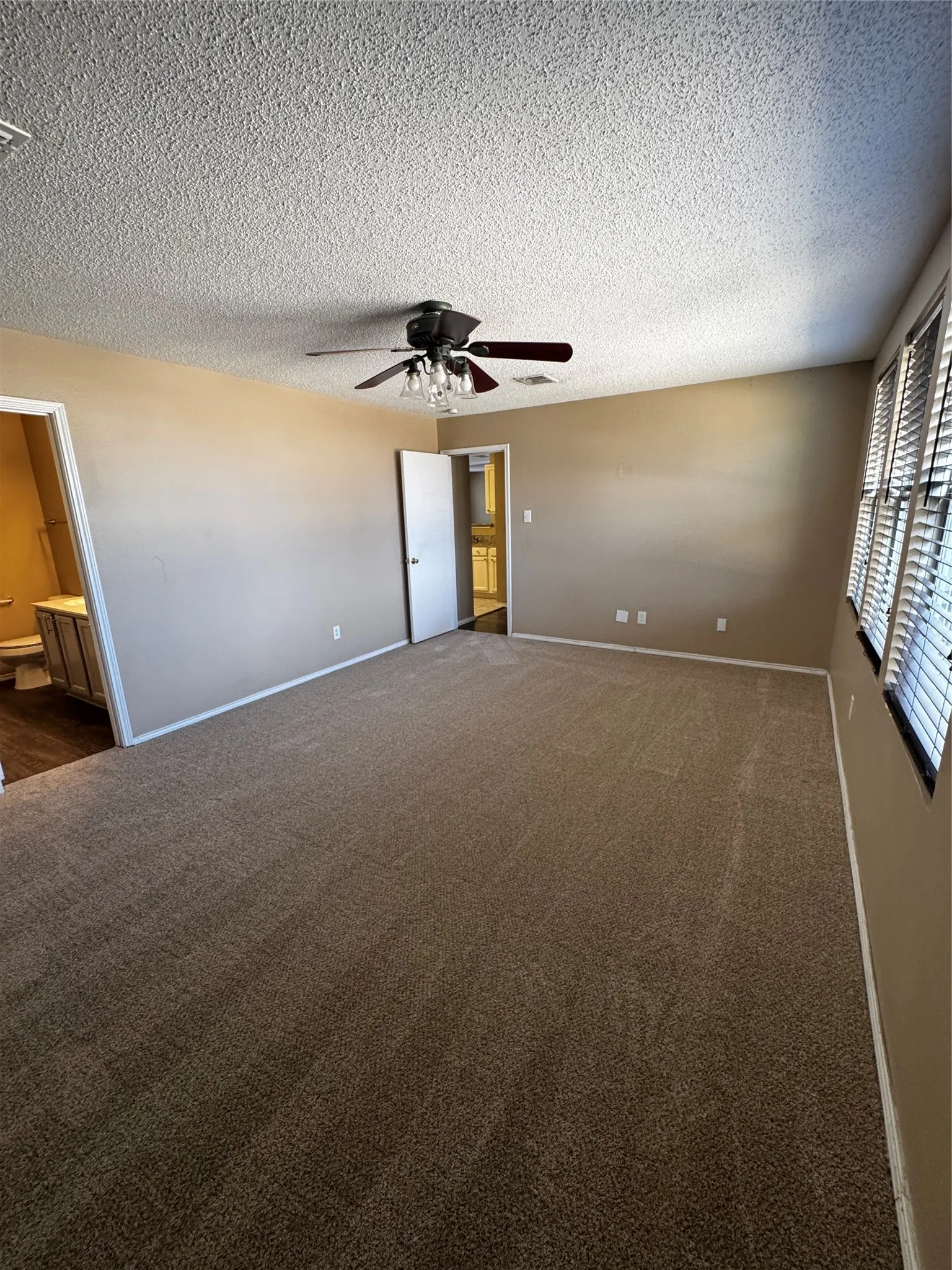 Expansive room featuring wall-to-wall carpeting, overhead ceiling fan with lighting, multiple windows with blinds, and neutral wall tones