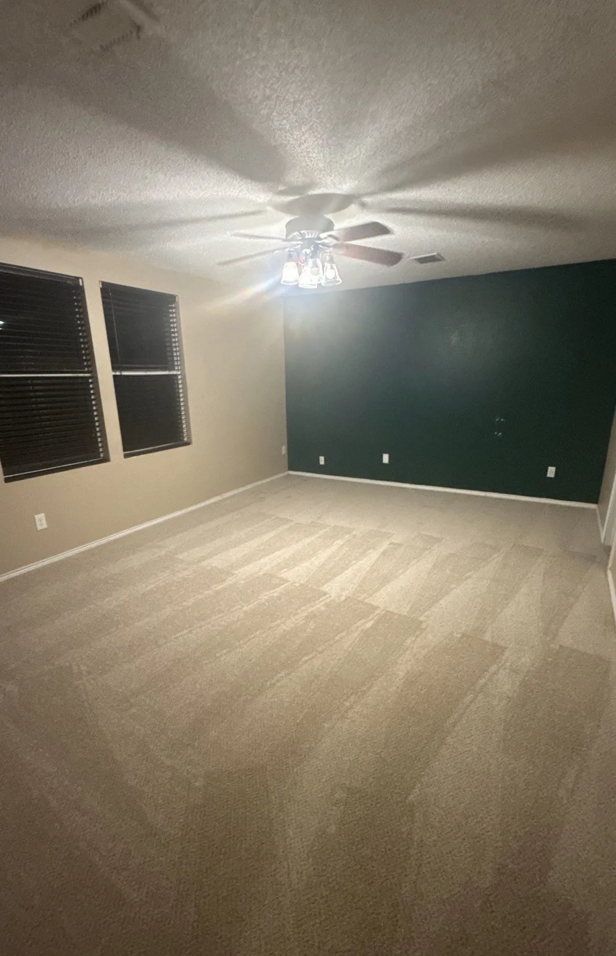 Expansive room with neutral carpeting, dual windows featuring horizontal blinds, a ceiling fan with integrated lighting, and a contrasting accent wall