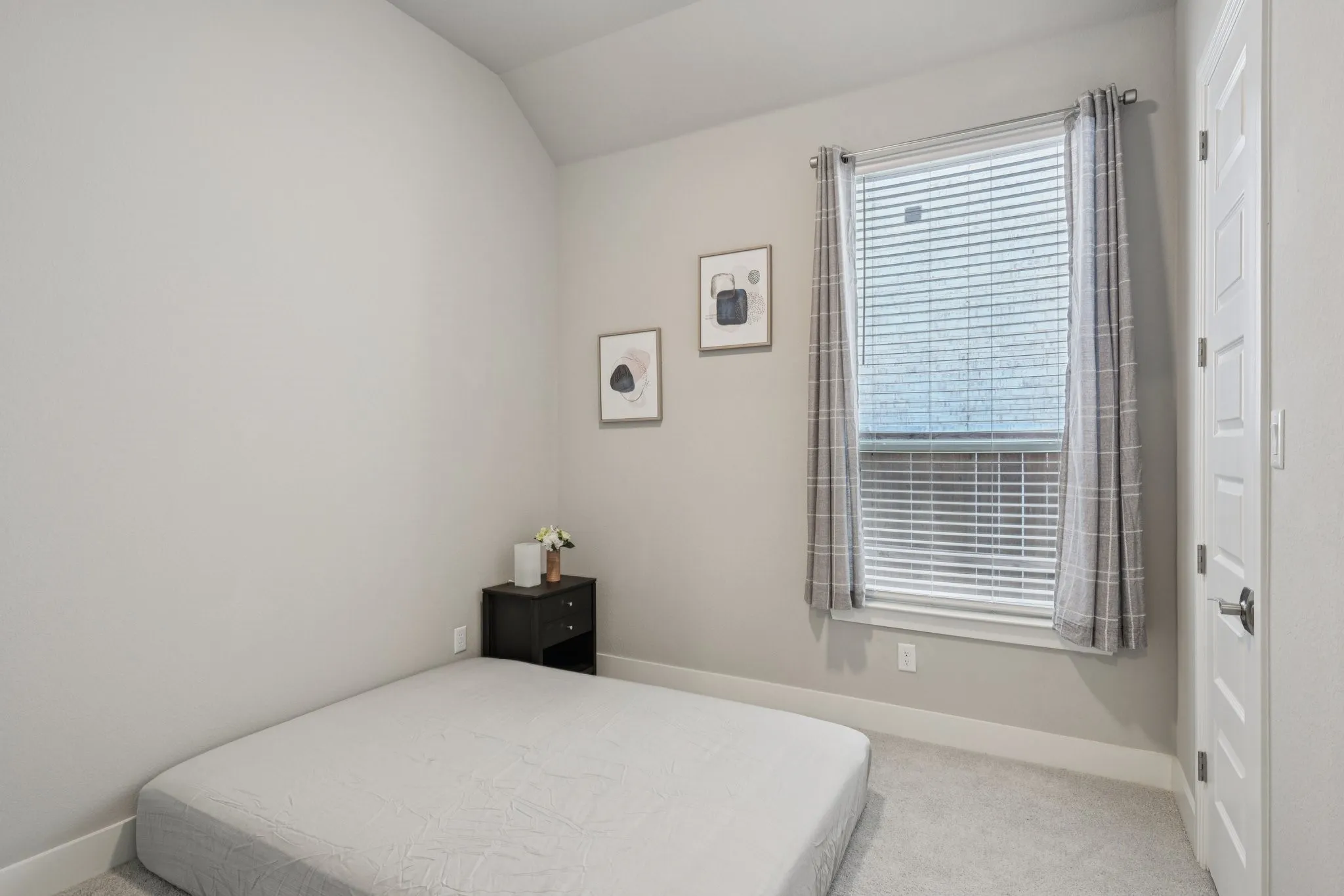 Carpeted flooring, light neutral wall paint, and a window with blinds