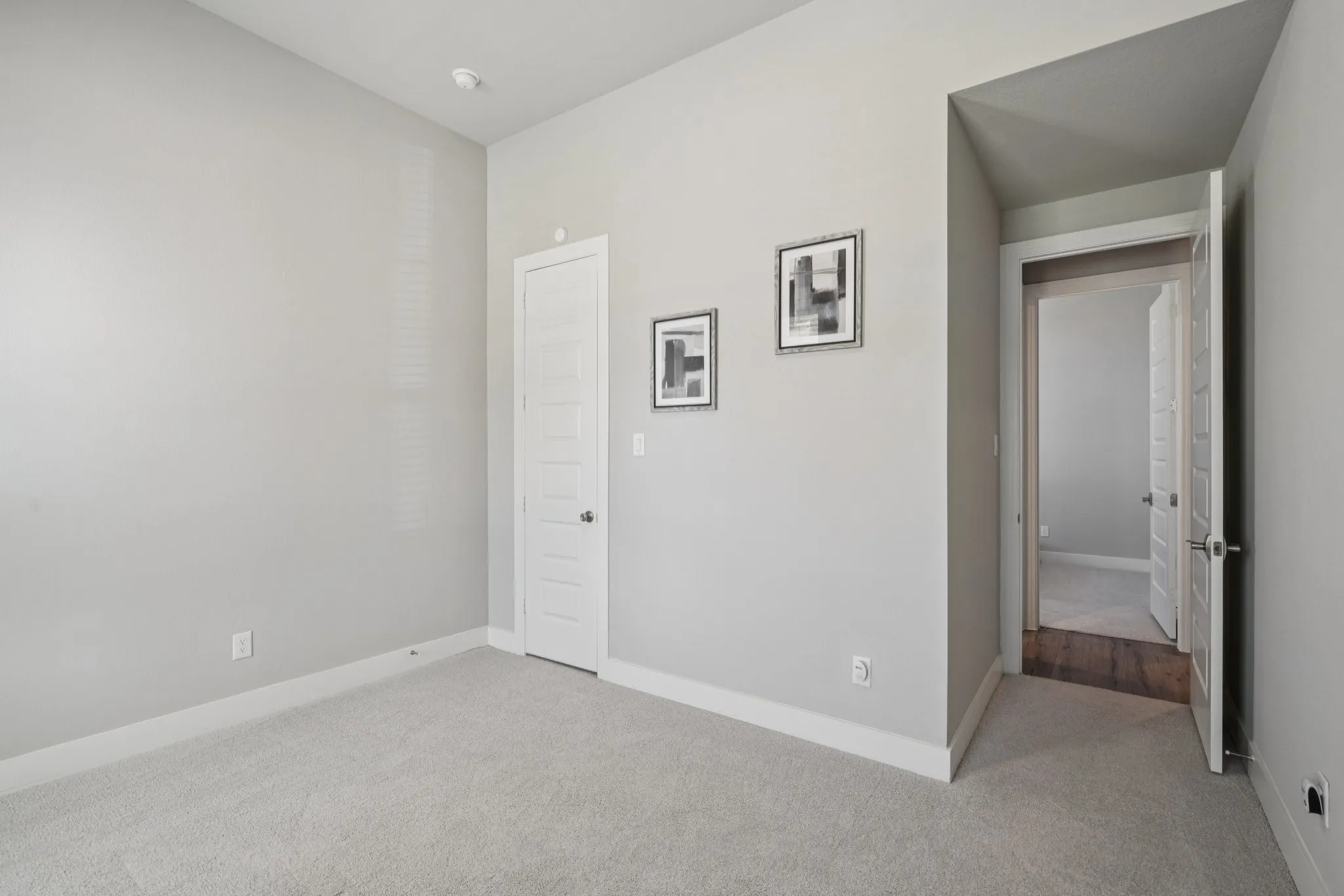 Neutral color palette with light gray walls, white trim, and light gray carpeting