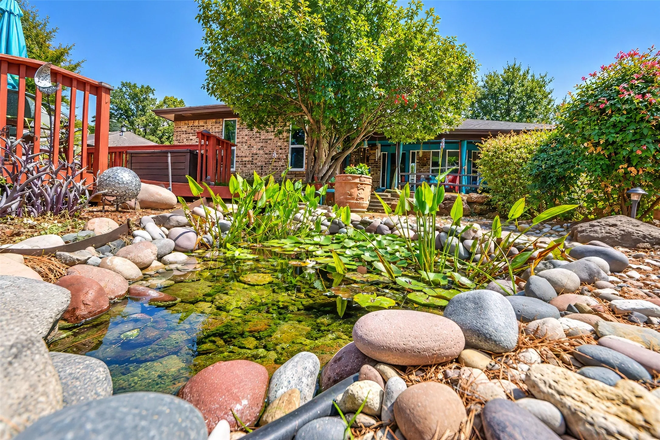 Expansive outdoor space featuring a rock-lined pond with aquatic plants, mature trees, and a wooden deck