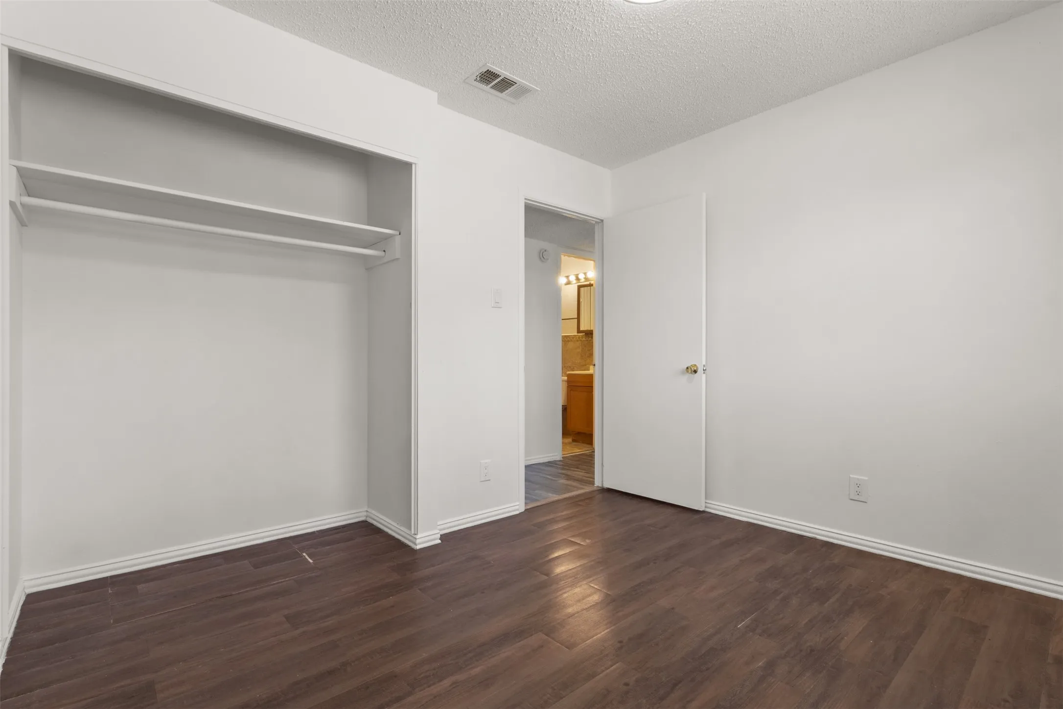 Wood-finish flooring, built-in closet shelving, and a bright white interior