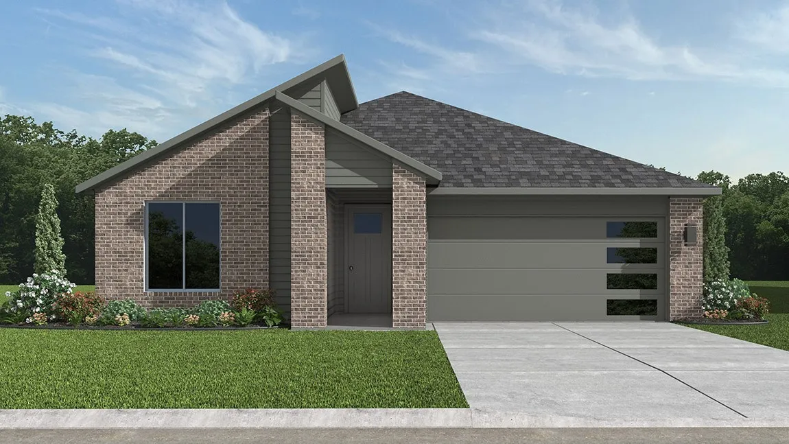 Front Elevation - D.R. Horton's Texas Mockingbird floor plan elevation P-All Home and community information, including pricing, included features, terms, availability and amenities, are subject to change at any time without notice or obligation. All Drawings, pictures, photographs, video, square footages, floor plans, elevations, features, colors and sizes are approximate for illustration purposes only and will vary from the homes as built.