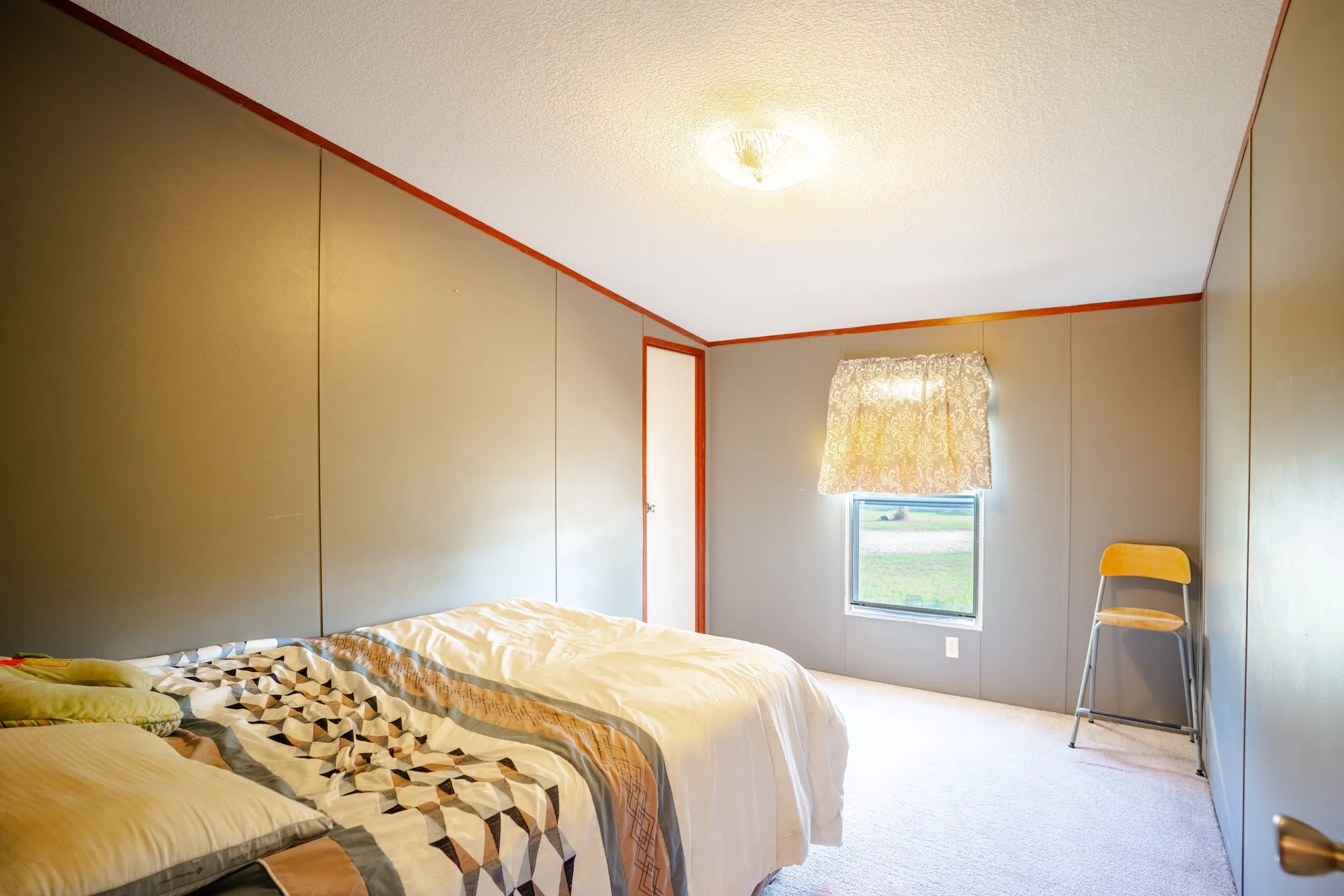 Carpet flooring, wall paneling, ceiling-mounted light fixture, window with exterior scenery, interior door