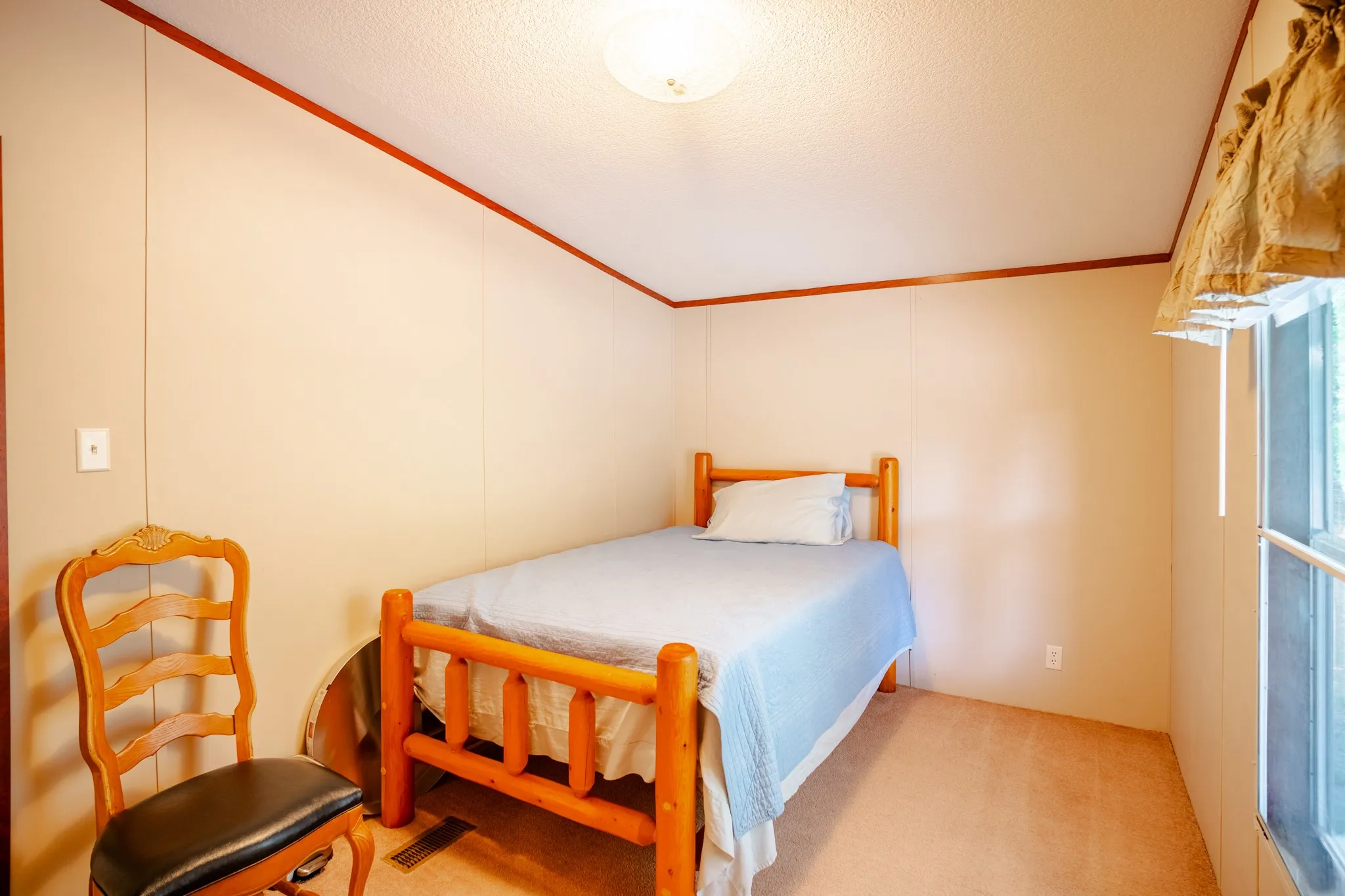 Carpeted flooring, paneled walls with contrasting trim, and a ceiling-mounted light fixture