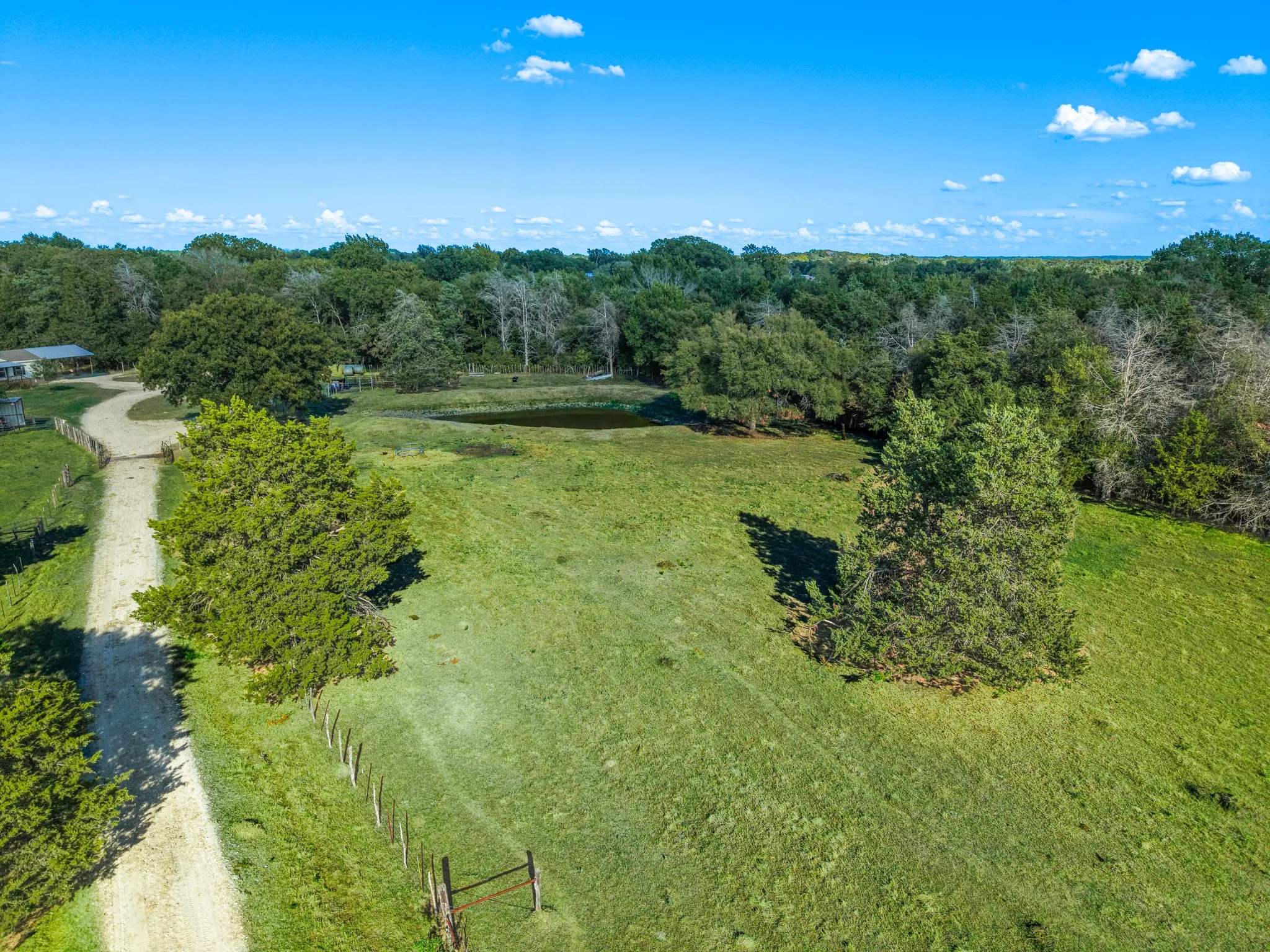 Extensive acreage featuring a gravel drive, partial fencing, mature trees, and a natural pond