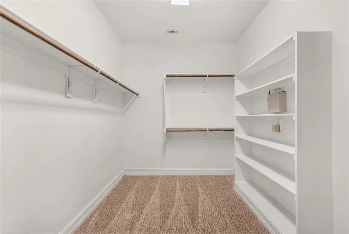 Walk-in closet featuring carpet flooring, built-in shelving, and multiple clothing rods