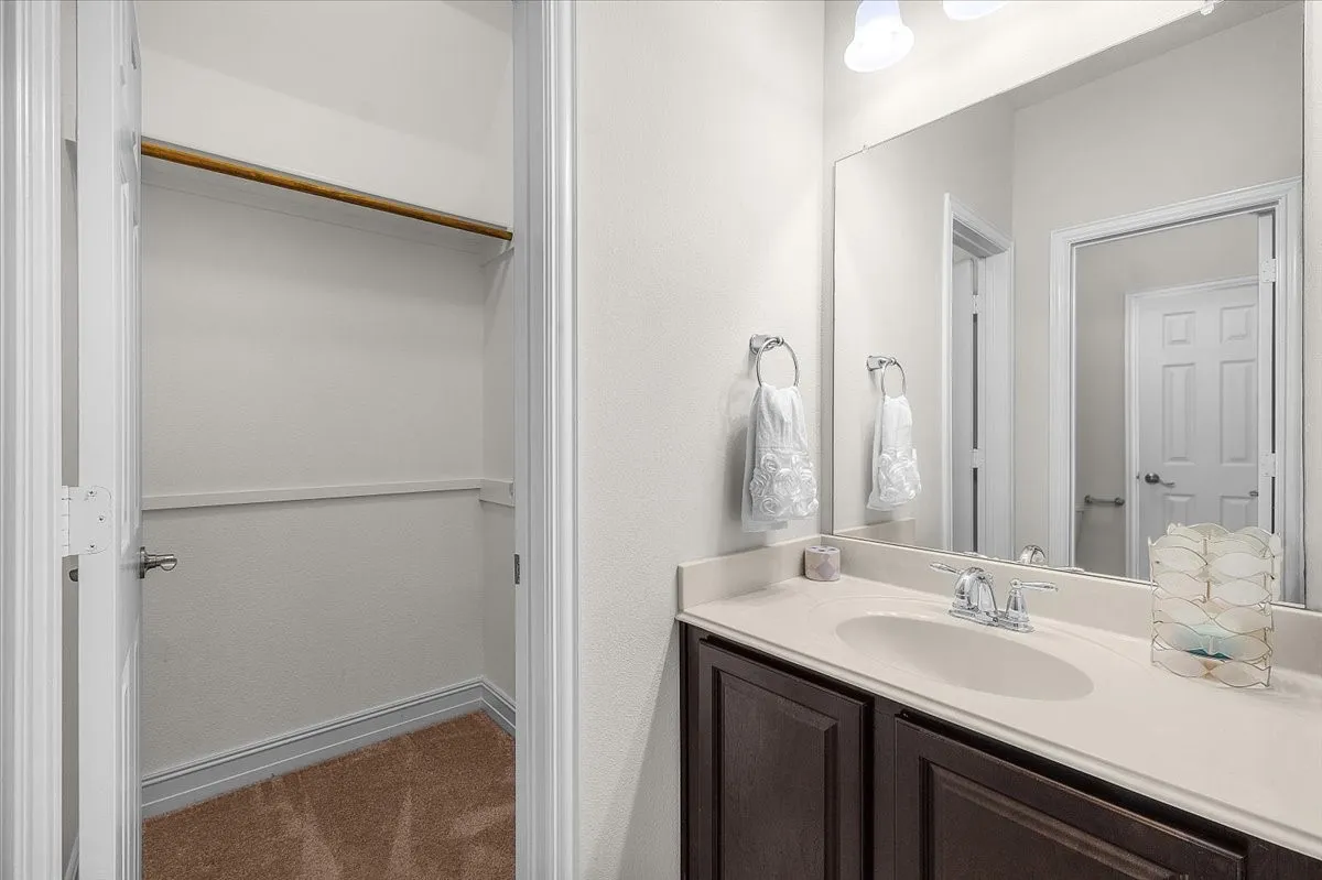 Recessed closet with a single hanging rod, carpet flooring, vanity with a white countertop, oval undermount sink, and chrome faucet