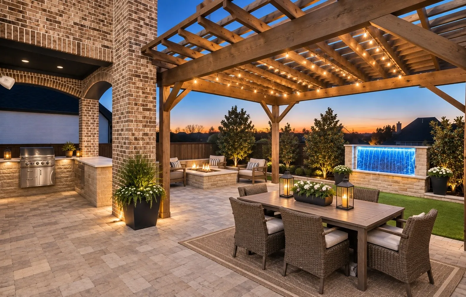 Outdoor living area with kitchen, bar, firepit and waterfall, virtually staged