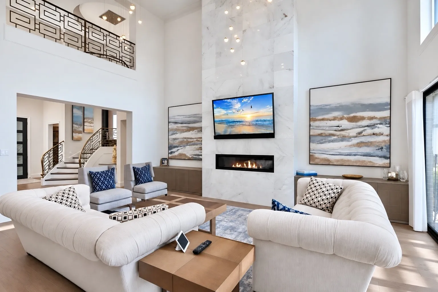 Two Story Family Room with Modern Fireplace