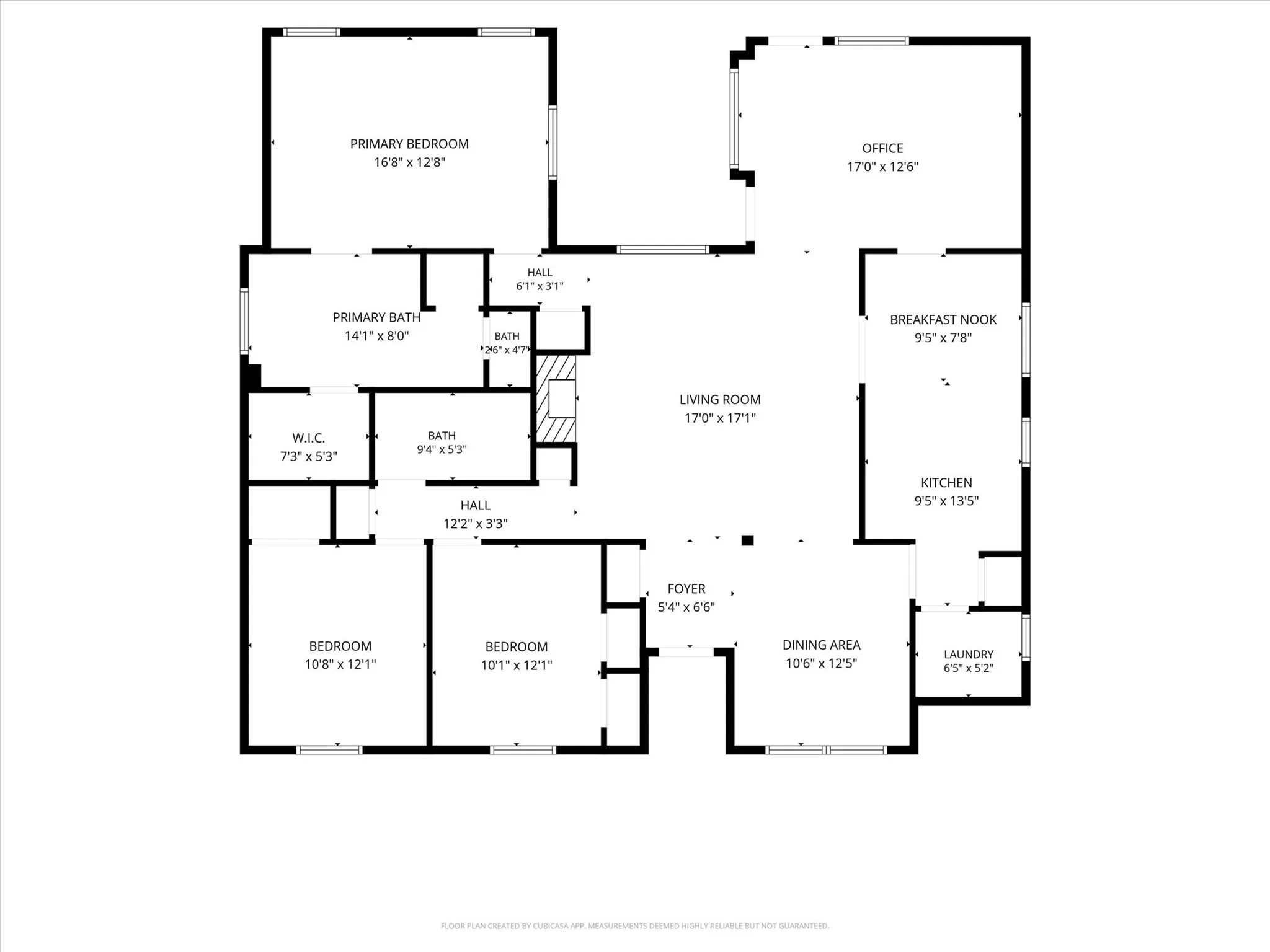 Thoughtfully arranged single-story floor plan featuring three bedrooms, multiple living and dining spaces, a dedicated office, and a well-defined primary suite.