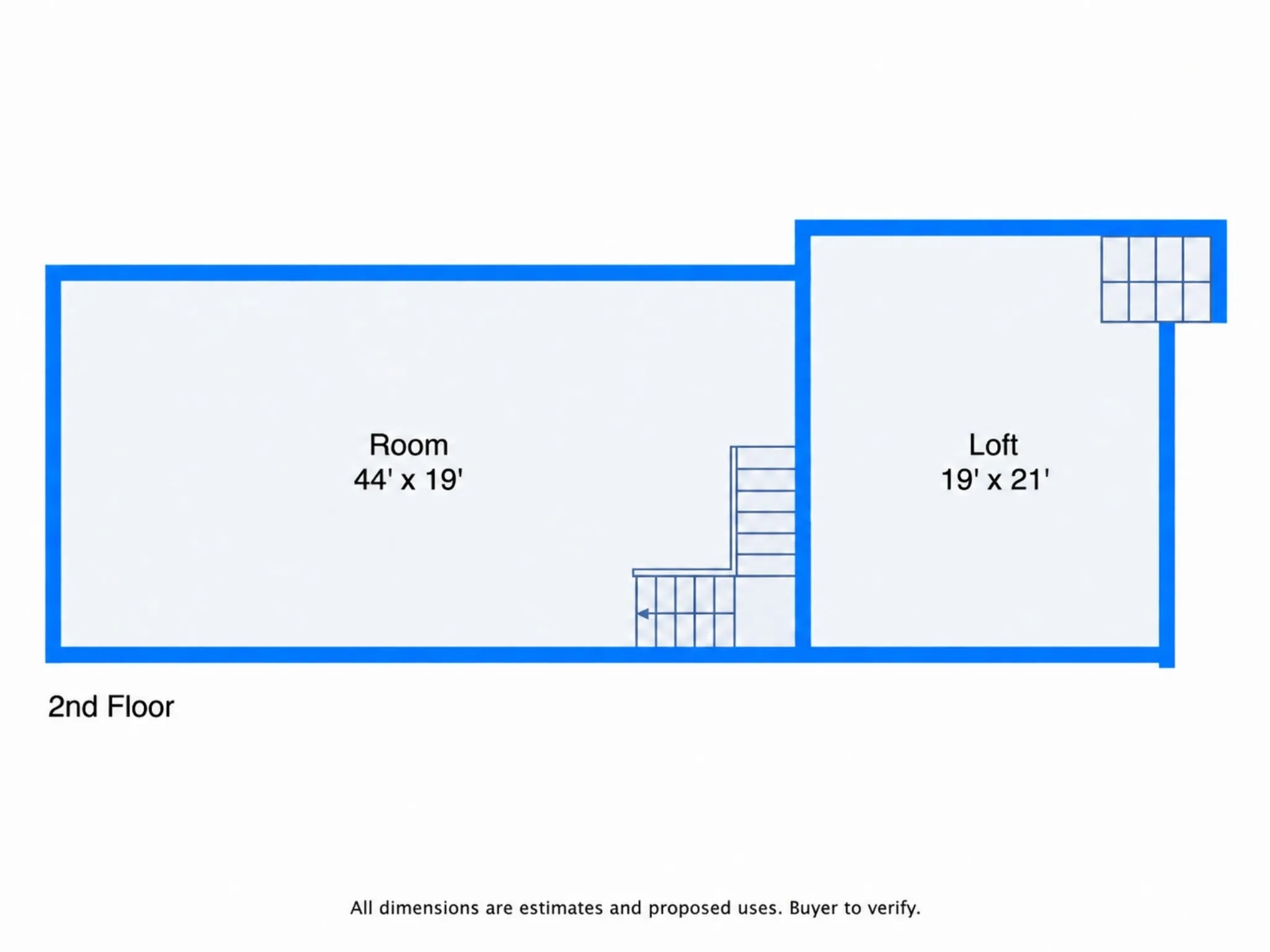 Second-floor layout showing the large upper room and loft areas. Measurements are approximate.
