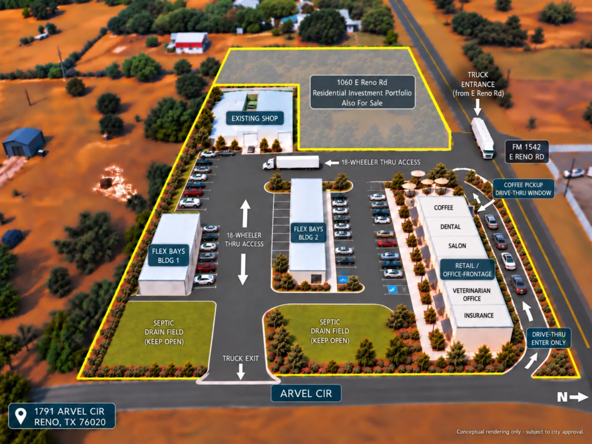 Conceptual redevelopment rendering showing one possible retail, office and flex-space configuration. Subject to approval.
