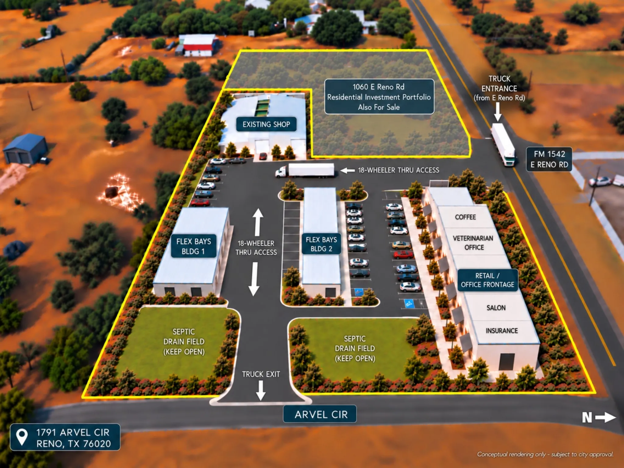 Conceptual redevelopment rendering showing potential retail, office and flex-space development. Subject to approval.