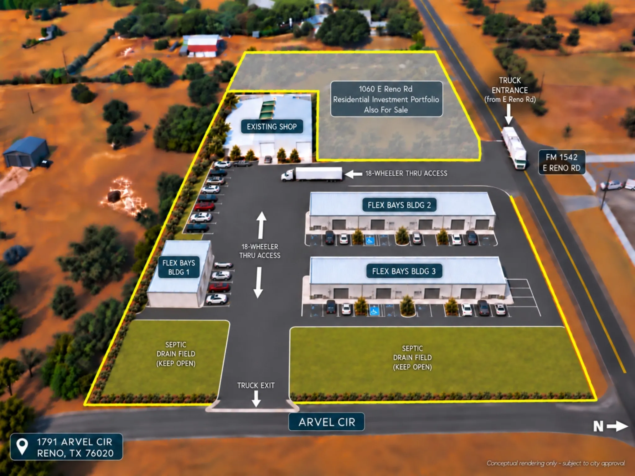 Conceptual flex-business park layout illustrating another possible commercial redevelopment option. Subject to approval.