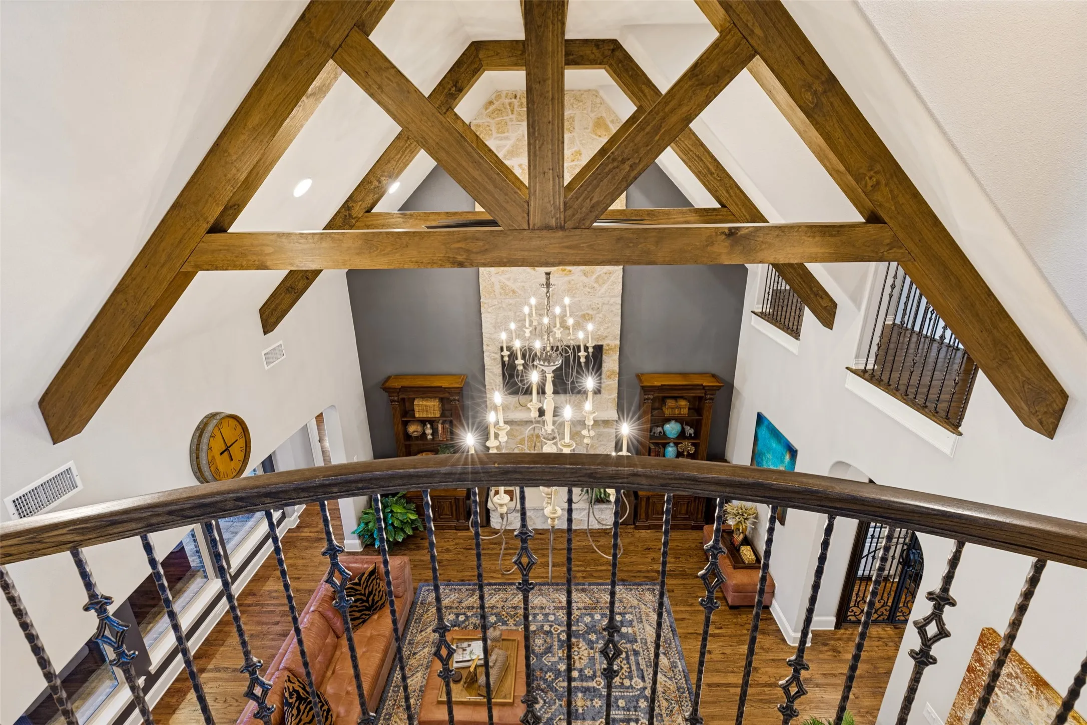 View of living room beams from balcony