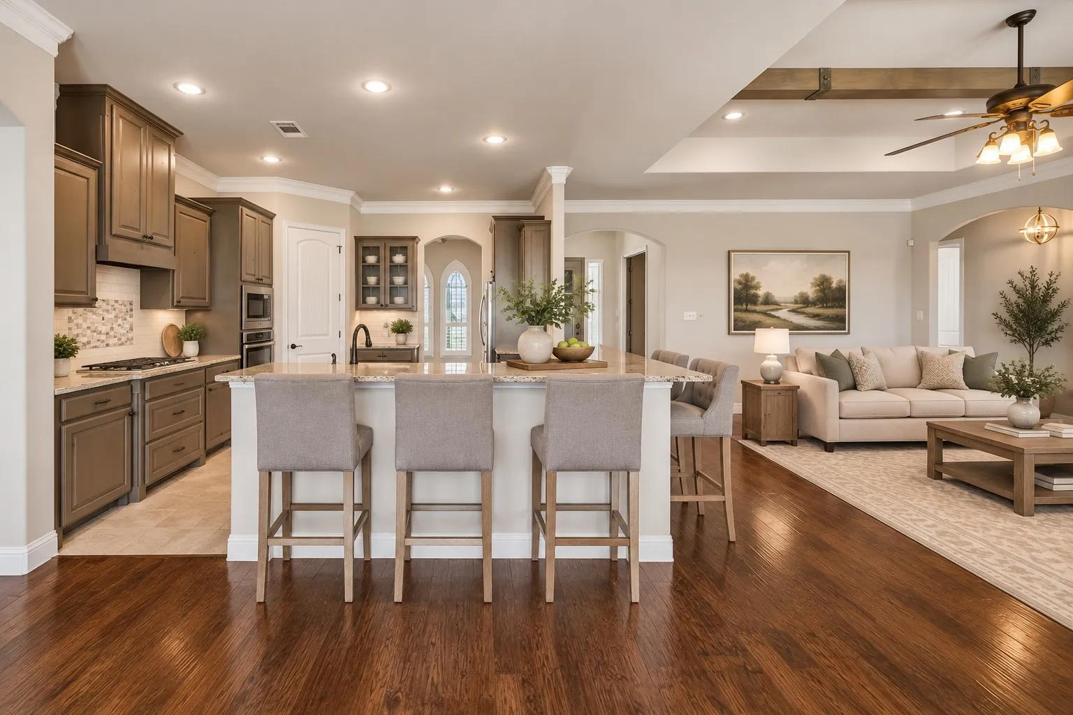 Kitchen and virtually staged living room