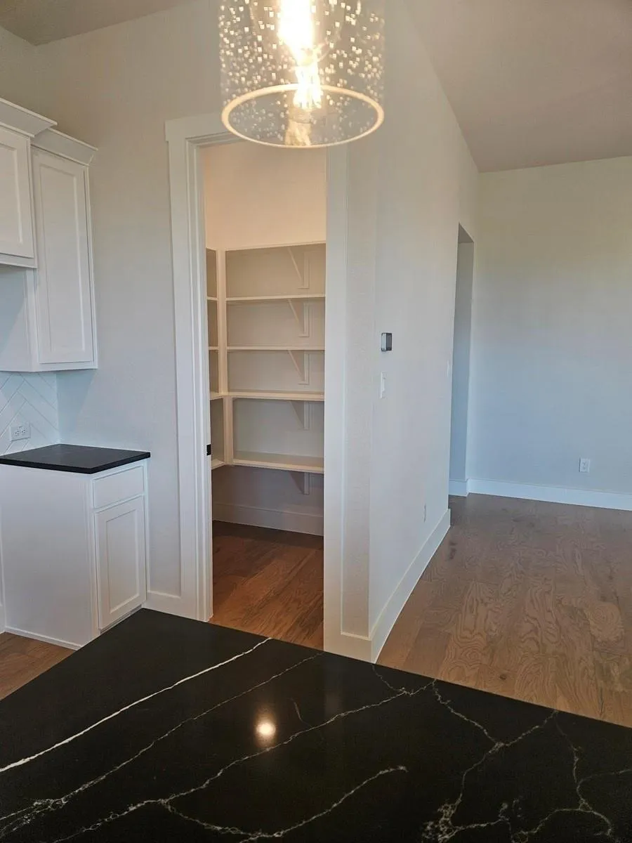 Built-in pantry with multiple shelves, black countertop with white veining, wood-finish flooring, white cabinetry, and a decorative ceiling light fixture