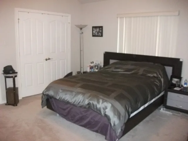 Wall-to-wall carpeting, window with vertical blinds, and bi-fold closet doors