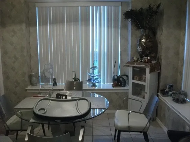Window with vertical blinds and a deep sill