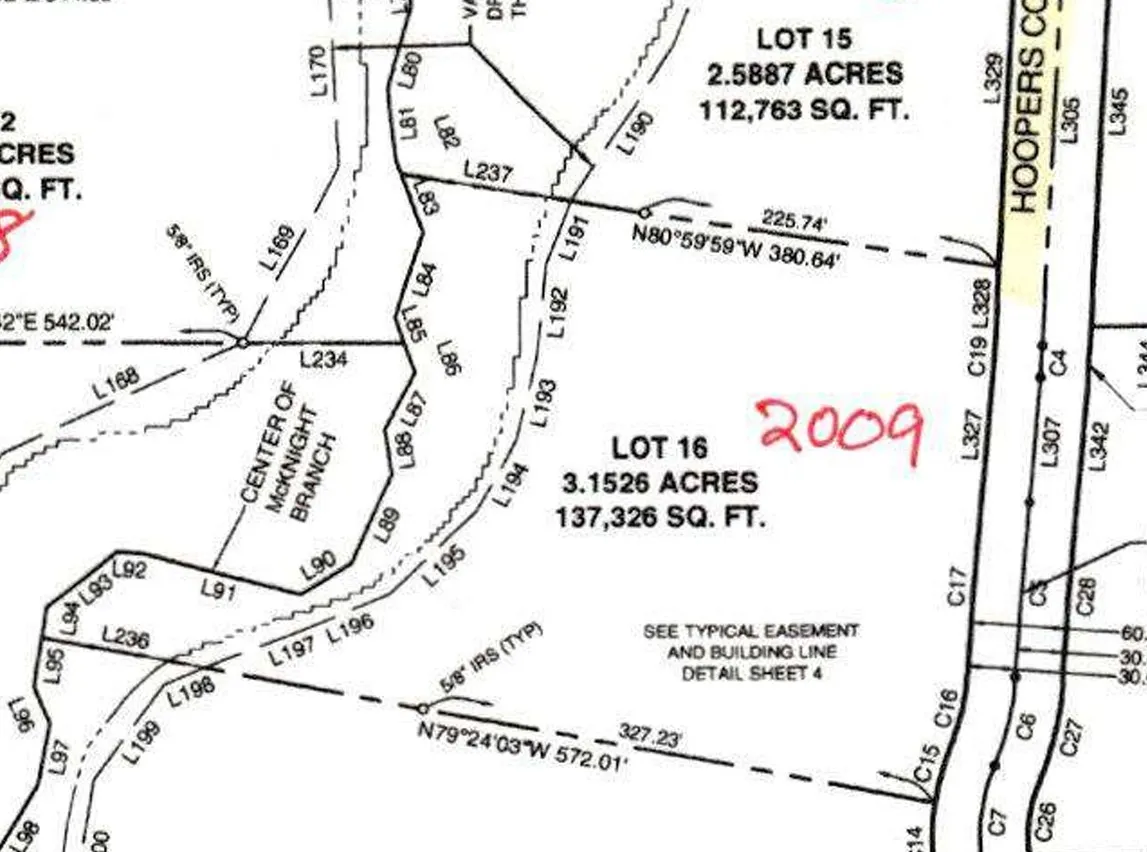 Survey Plat. Depicting property boundaries, lot numbers, and acreage for Lots 15 and 16, including linear and angular measurements