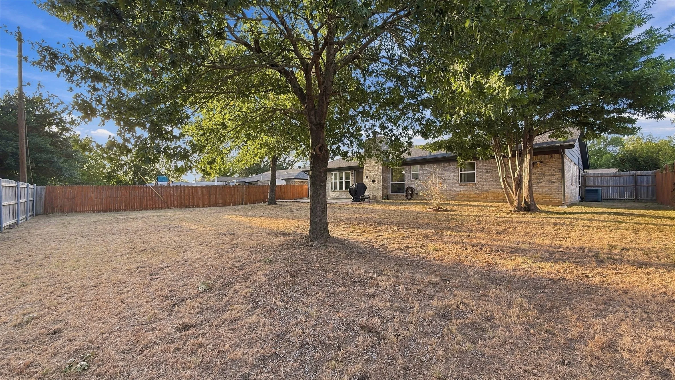 There are nice shade trees in the backyard.