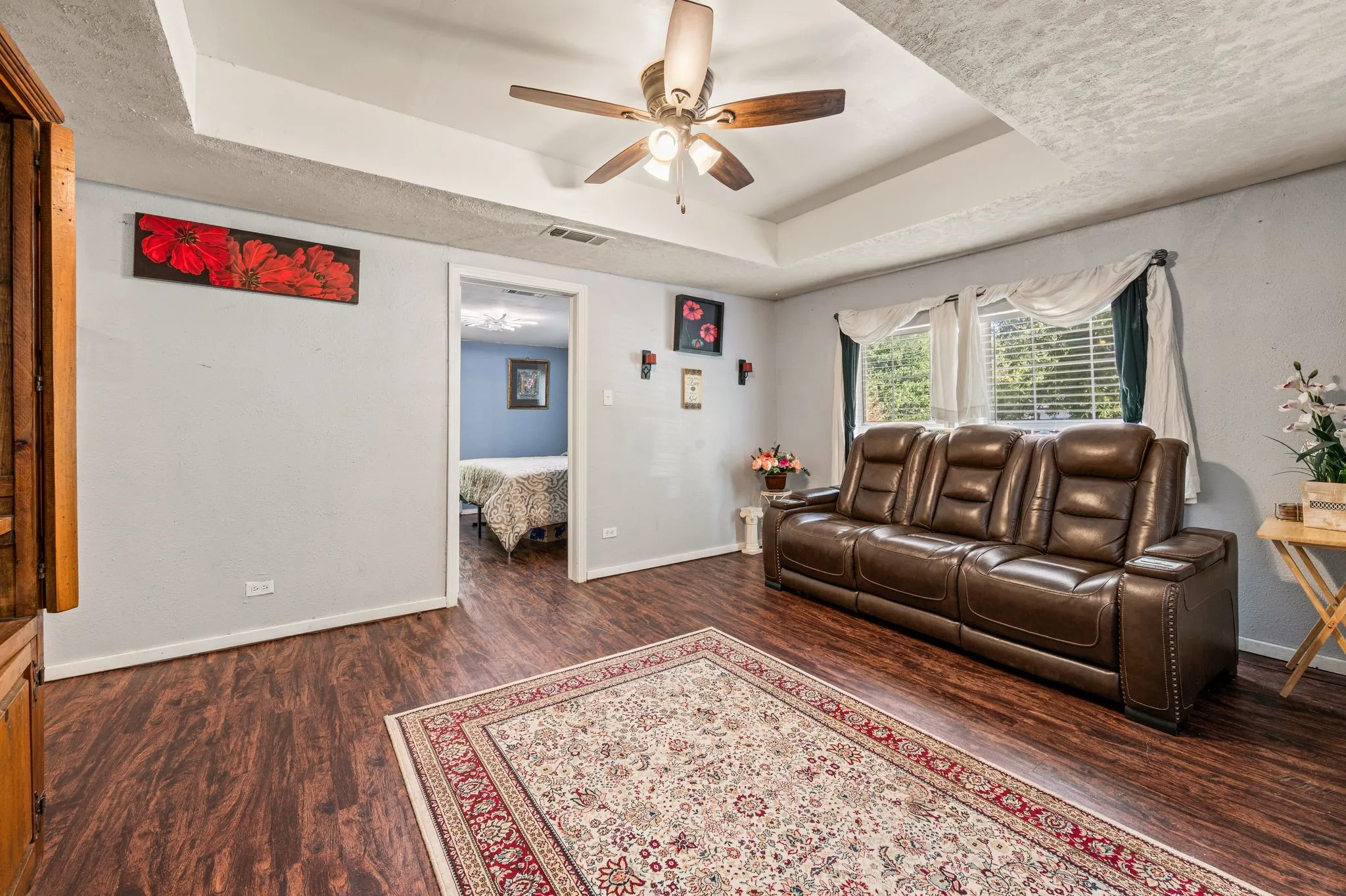 tray ceiling, ceiling fan, and window with blinds